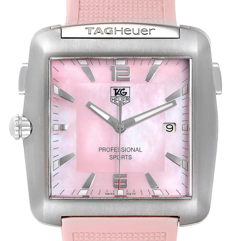 Tag Heuer Monaco Pink Mother of Pearl Rubber Ladies Watch WAE1114 SwissWatchExpo