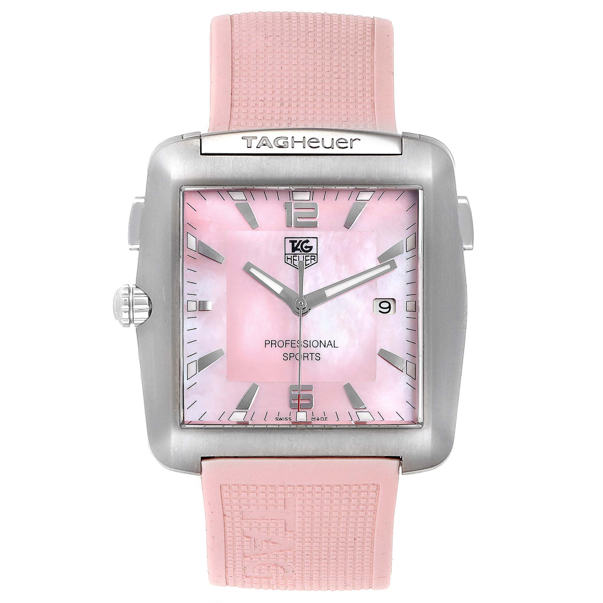 The image shows a front view of a Tag Heuer Monaco WAE1114.FT6011 Women's Stainless Steel Mother of Pearl Dial WAE1114.FT6011 Women's Stainless Steel Mother of Pearl Dial watch with a pink dial and strap.