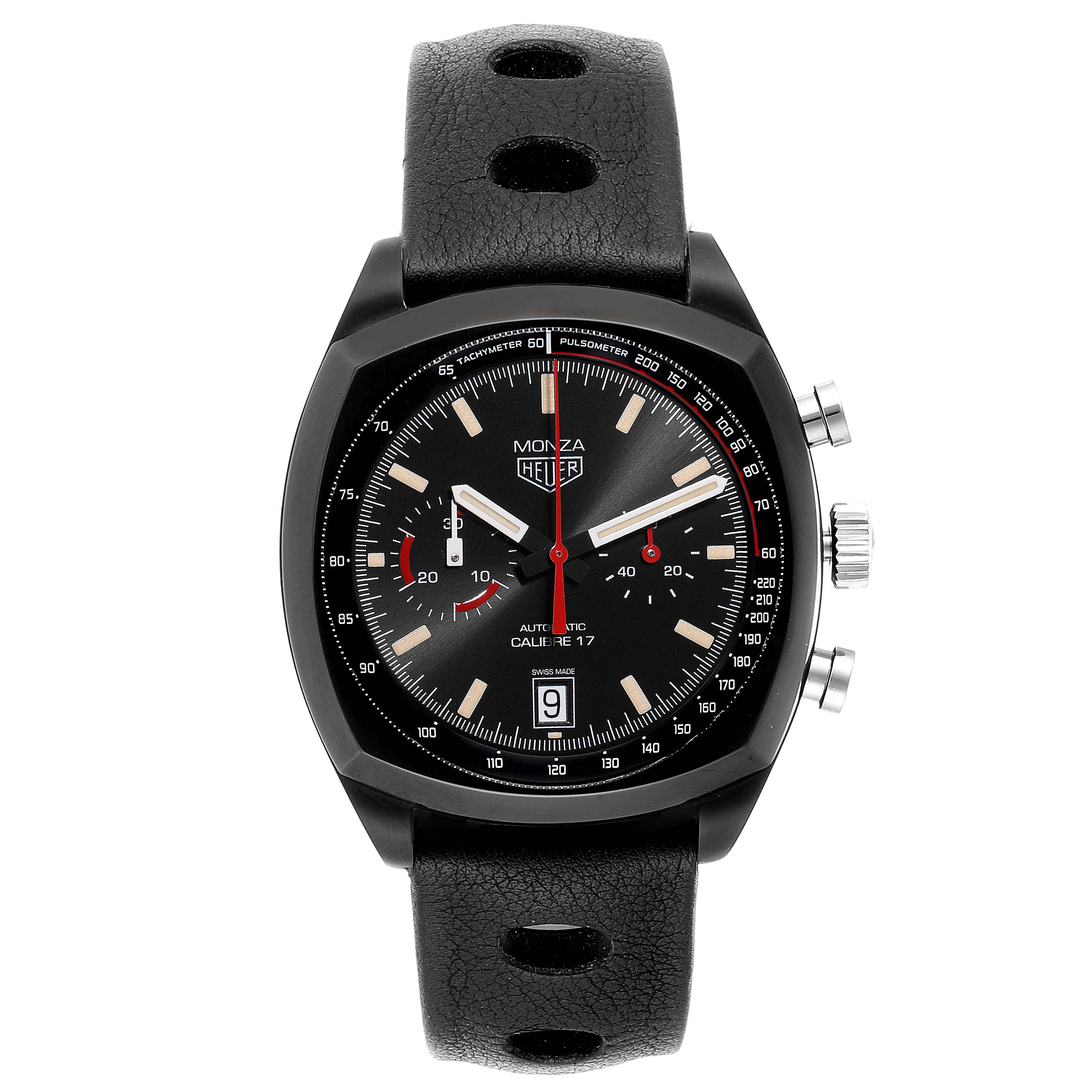 The image shows a front view of the Tag Heuer Monza CR2080 Men's Titanium Black Dial CR2080 Men's Titanium Black Dial watch, highlighting its dial, leather strap, and chronograph buttons.