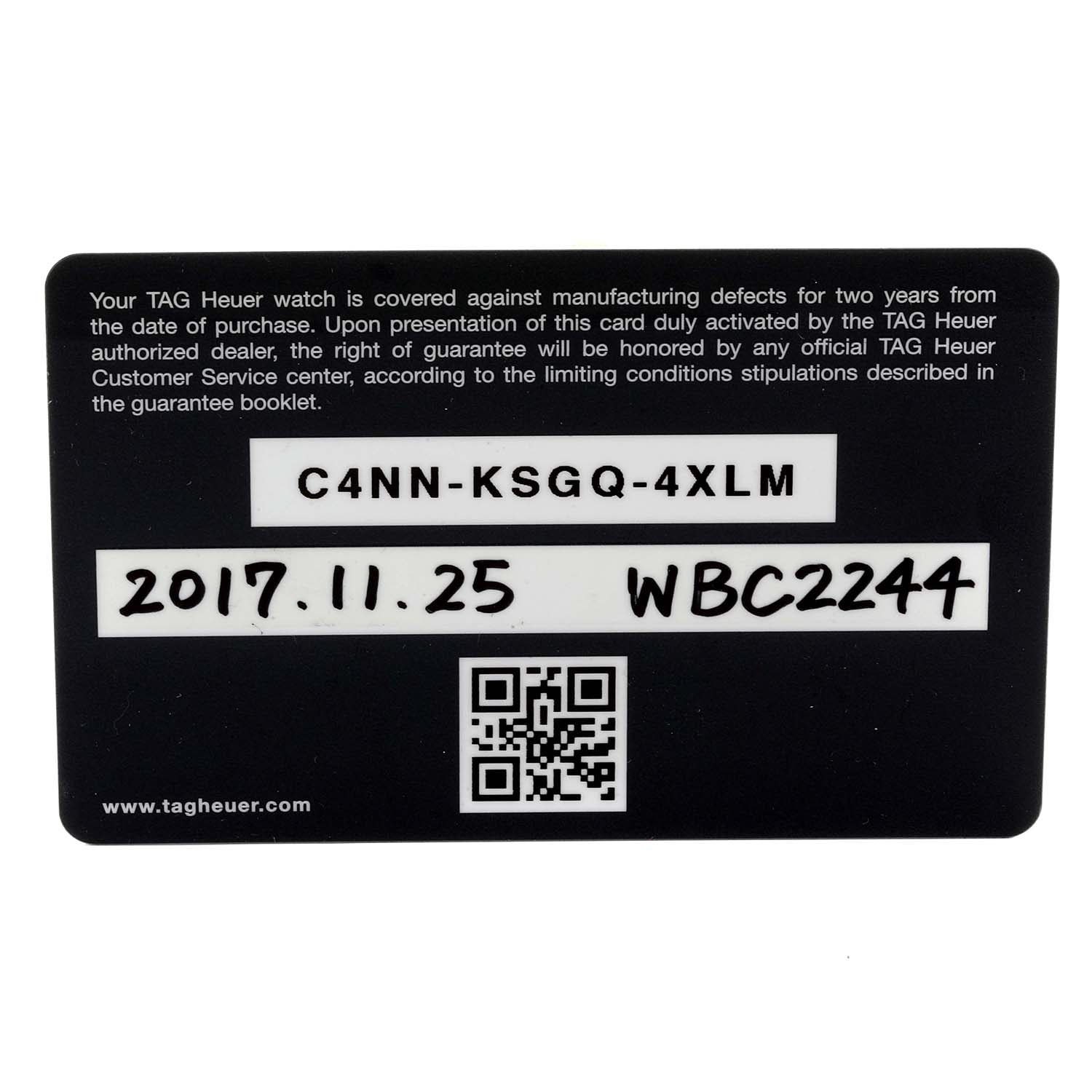 This image shows the guarantee card for a Tag Heuer Monza CR2080 Men's Titanium Black Dial CR2080 Men's Titanium Black Dial watch, featuring the serial number, purchase date, and a QR code.