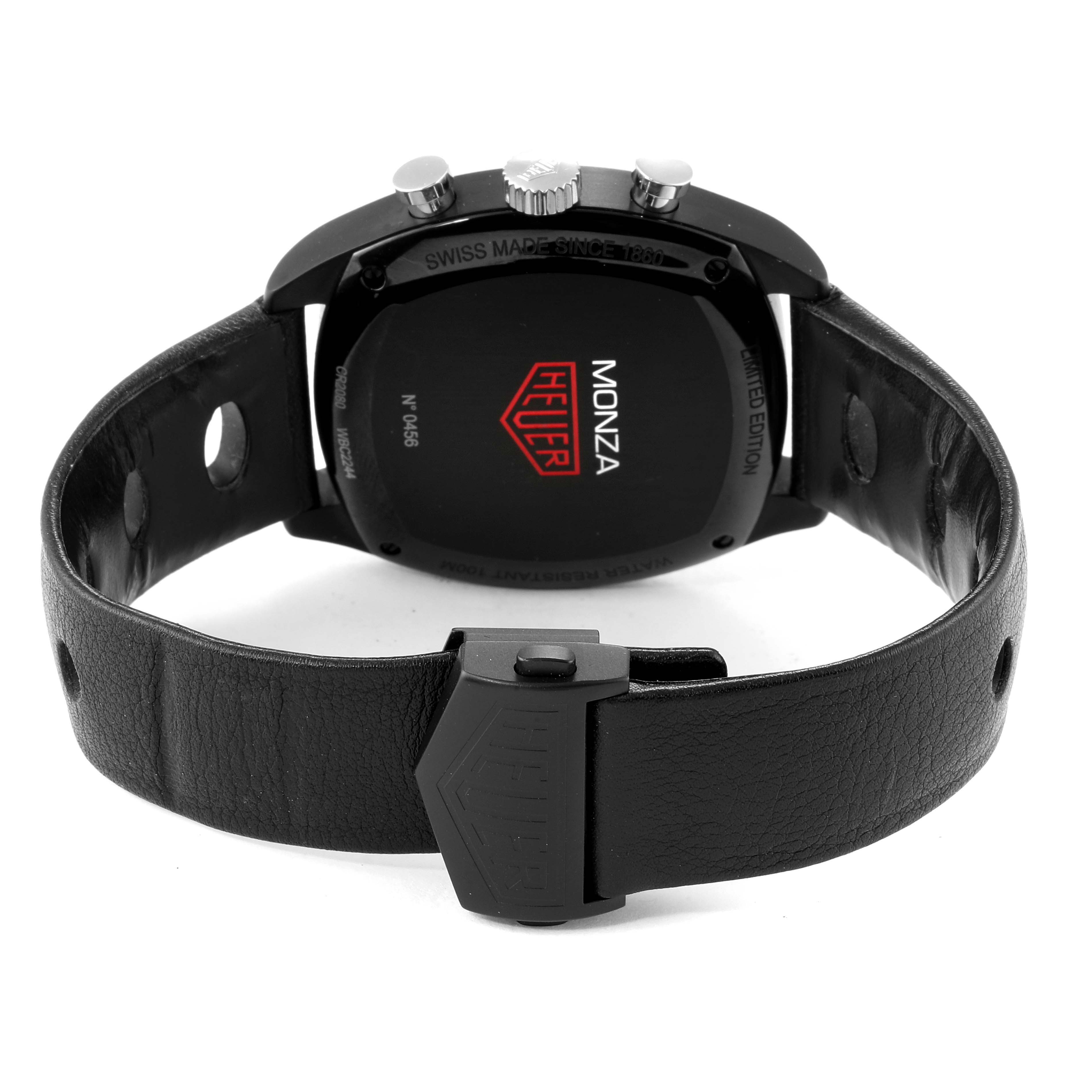 The image shows the back view of a Tag Heuer Monza CR2080 Men's Titanium Black Dial CR2080 Men's Titanium Black Dial watch, including the case back, crown, strap, and clasp.