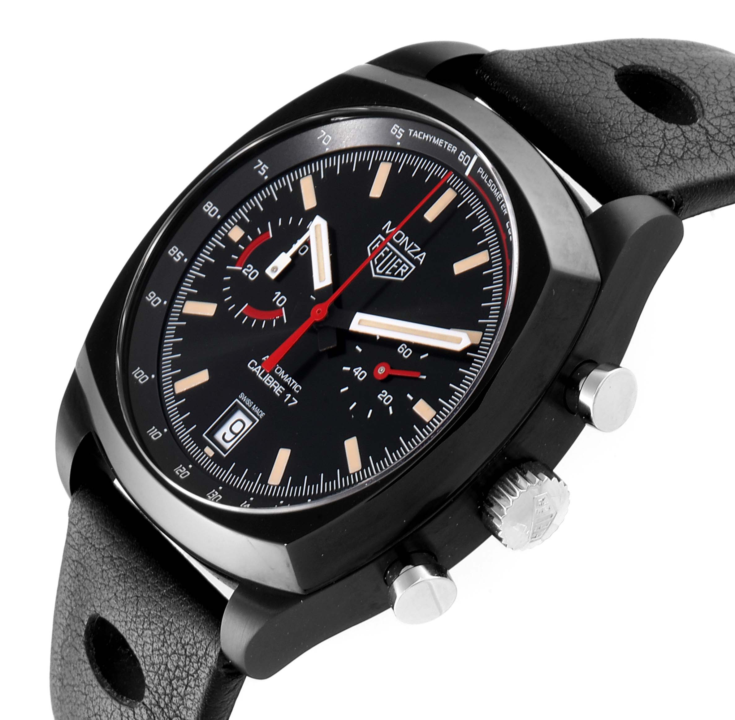 This image shows the face and side crown of the Tag Heuer Monza CR2080 Men's Titanium Black Dial CR2080 Men's Titanium Black Dial watch at an angled view.