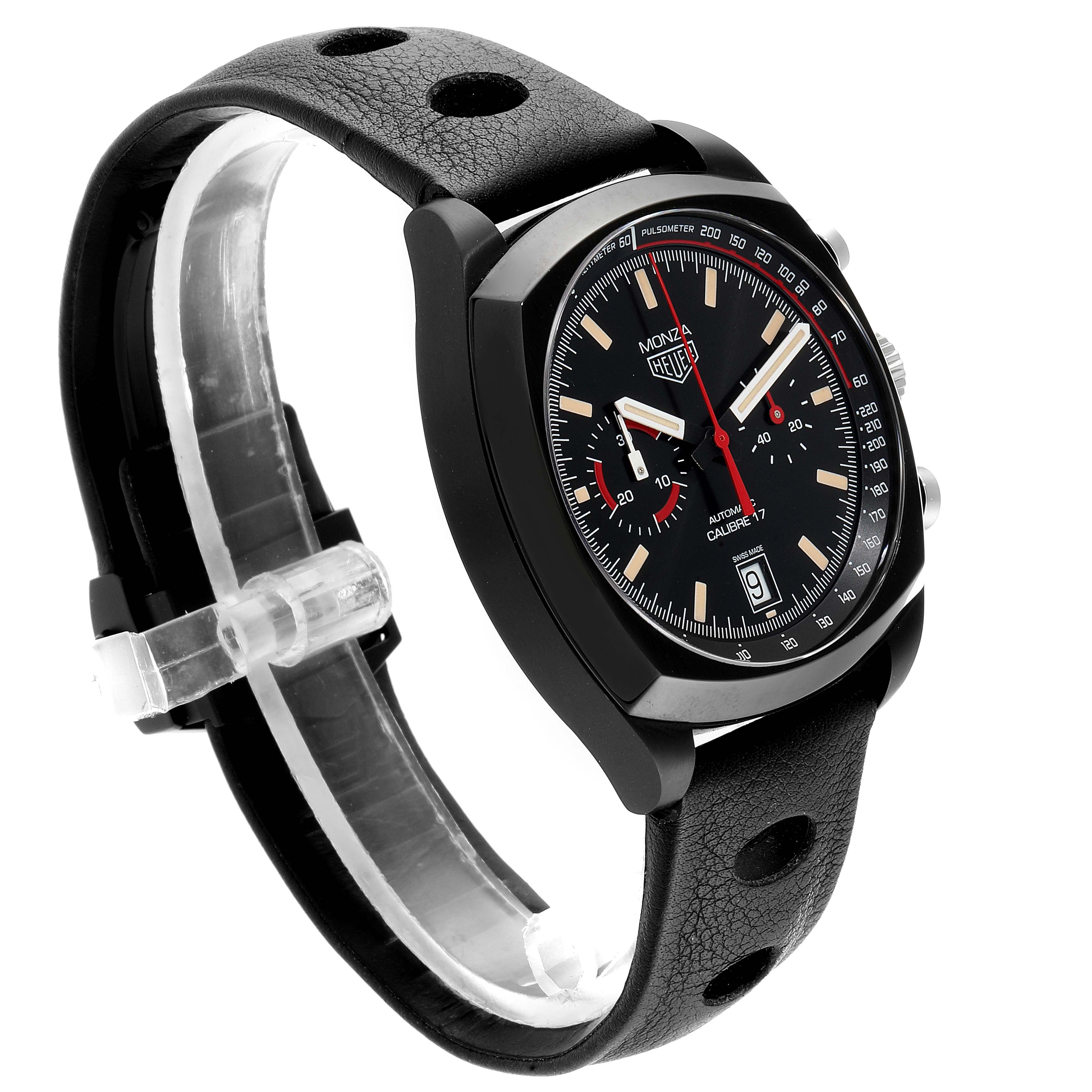 This image shows a side angle of the Tag Heuer Monza CR2080 Men's Titanium Black Dial CR2080 Men's Titanium Black Dial watch featuring the dial, bezel, and perforated leather strap.