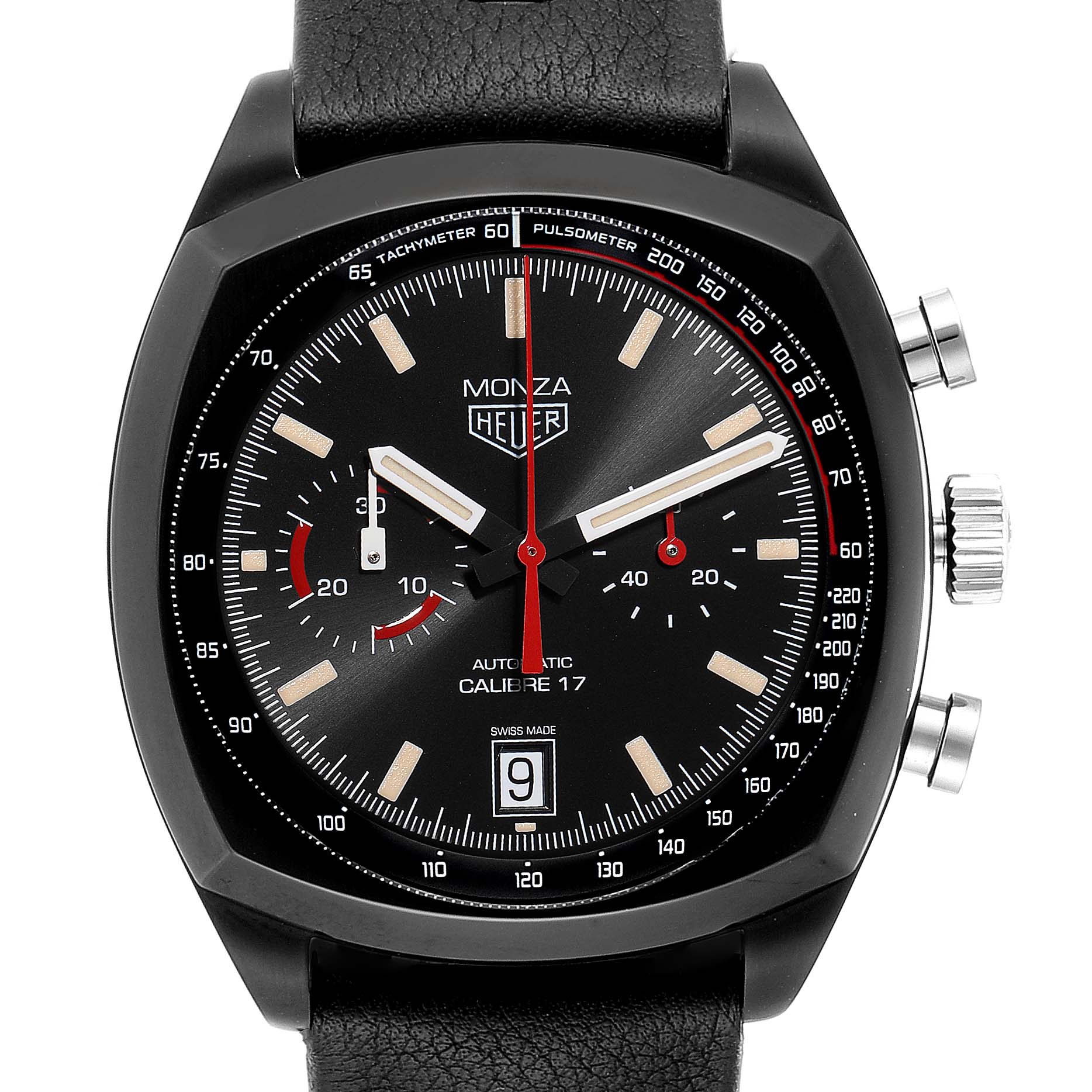 This image shows the front view of the Tag Heuer Monza CR2080 Men's Titanium Black Dial CR2080 Men's Titanium Black Dial watch, detailing the dial, markers, sub-dials, pushers, and crown.