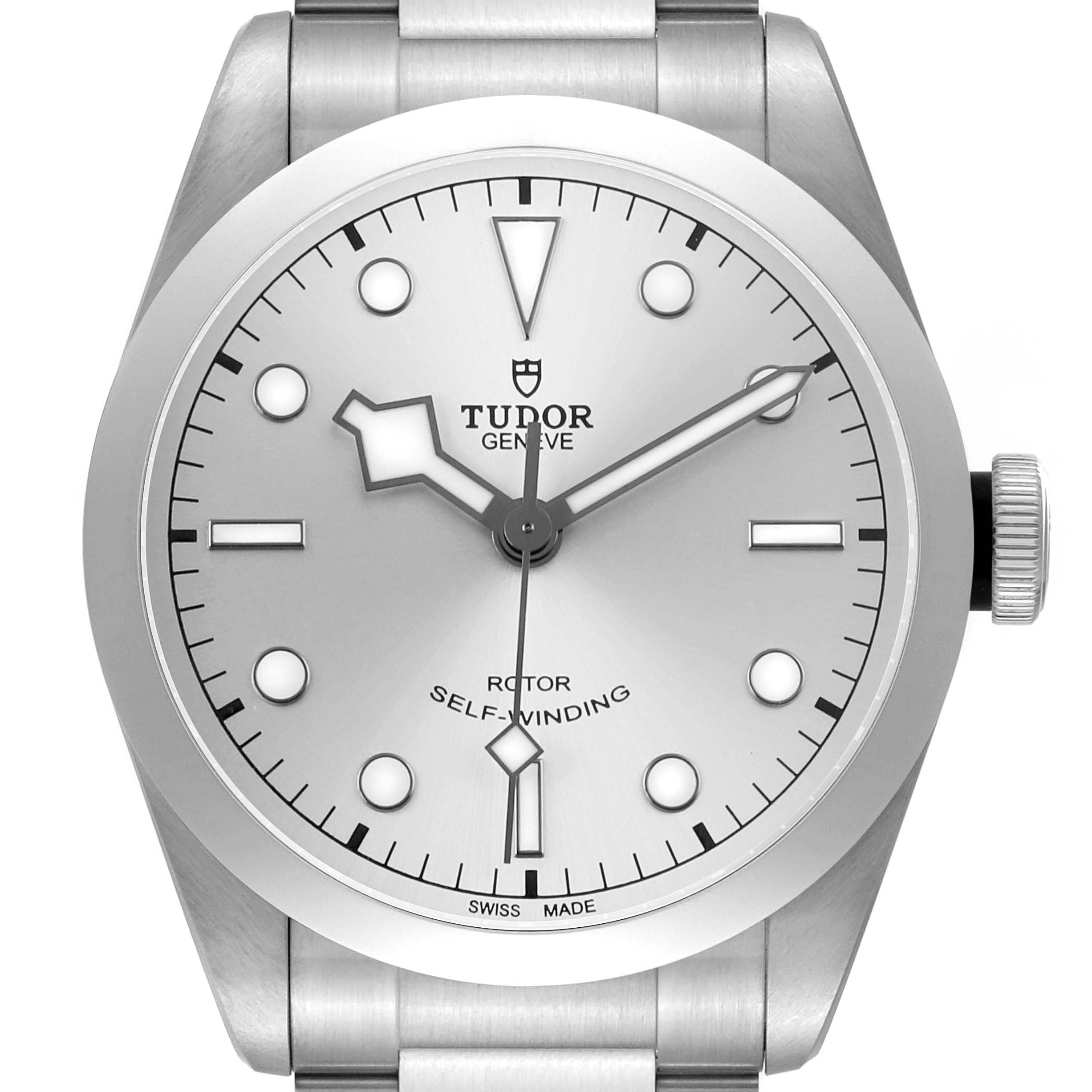 The Tudor Heritage Black Bay M79540 Men's Stainless Steel Silver Dial watch is shown from the front, featuring its dial, hands, markers, and part of the bracelet.