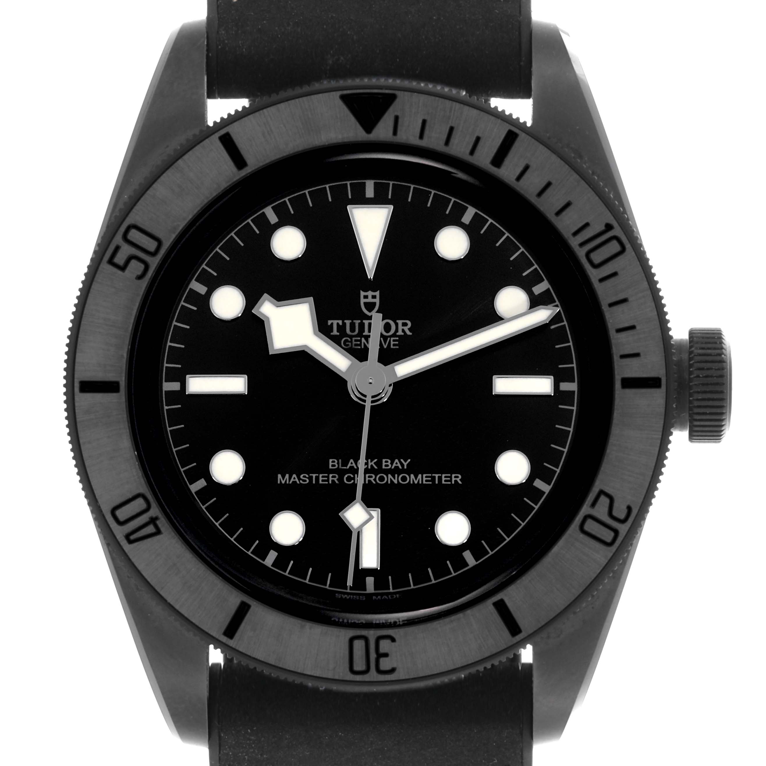 The Tudor Heritage Black Bay 79210CNU Men's Ceramic Black Dial 79210CNU Men's Ceramic Black Dial watch is shown from the front, highlighting the dial, bezel, and crown.