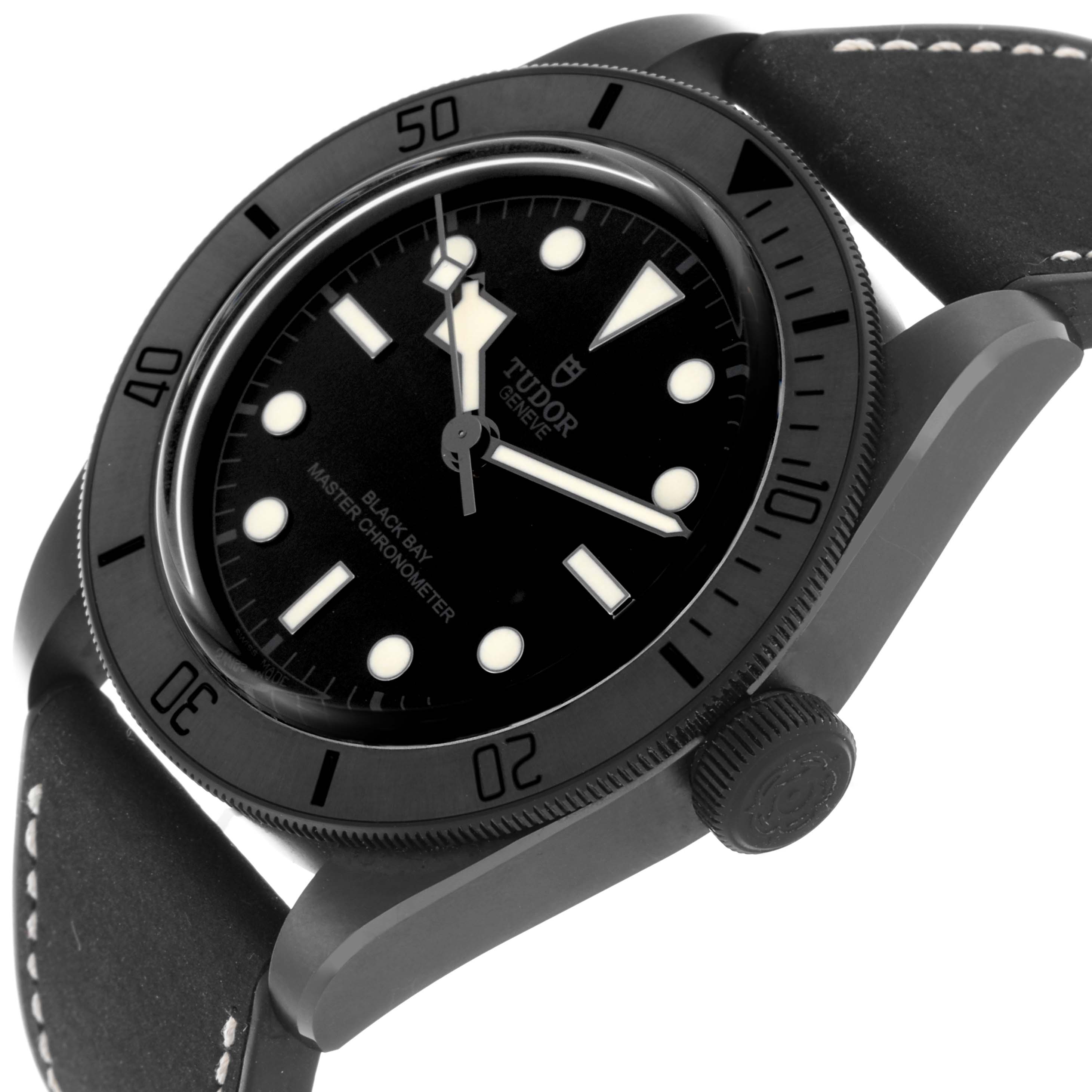 The Tudor Heritage Black Bay 79210CNU Men's Ceramic Black Dial 79210CNU Men's Ceramic Black Dial watch is shown at a slight side angle, highlighting the bezel, crown, and part of the strap.