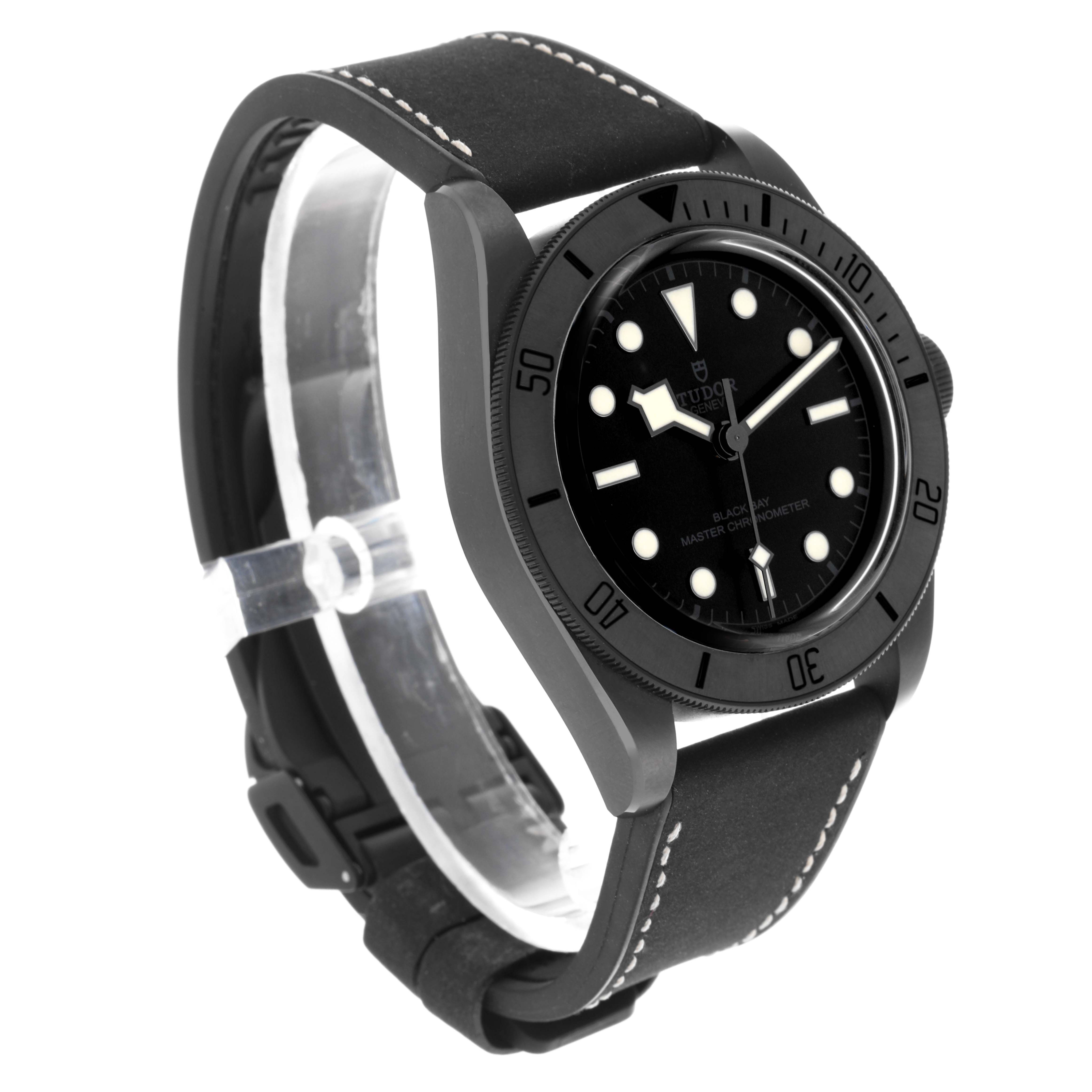 The Tudor Heritage Black Bay 79210CNU Men's Ceramic Black Dial 79210CNU Men's Ceramic Black Dial watch is shown at a three-quarter angle, displaying the bezel, dial, and strap.