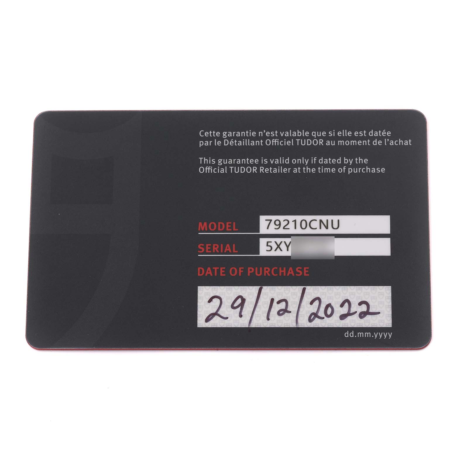 The image shows a guarantee card for the Tudor Heritage Black Bay 79210CNU Men's Ceramic Black Dial 79210CNU Men's Ceramic Black Dial watch, with model number 79210CNU.