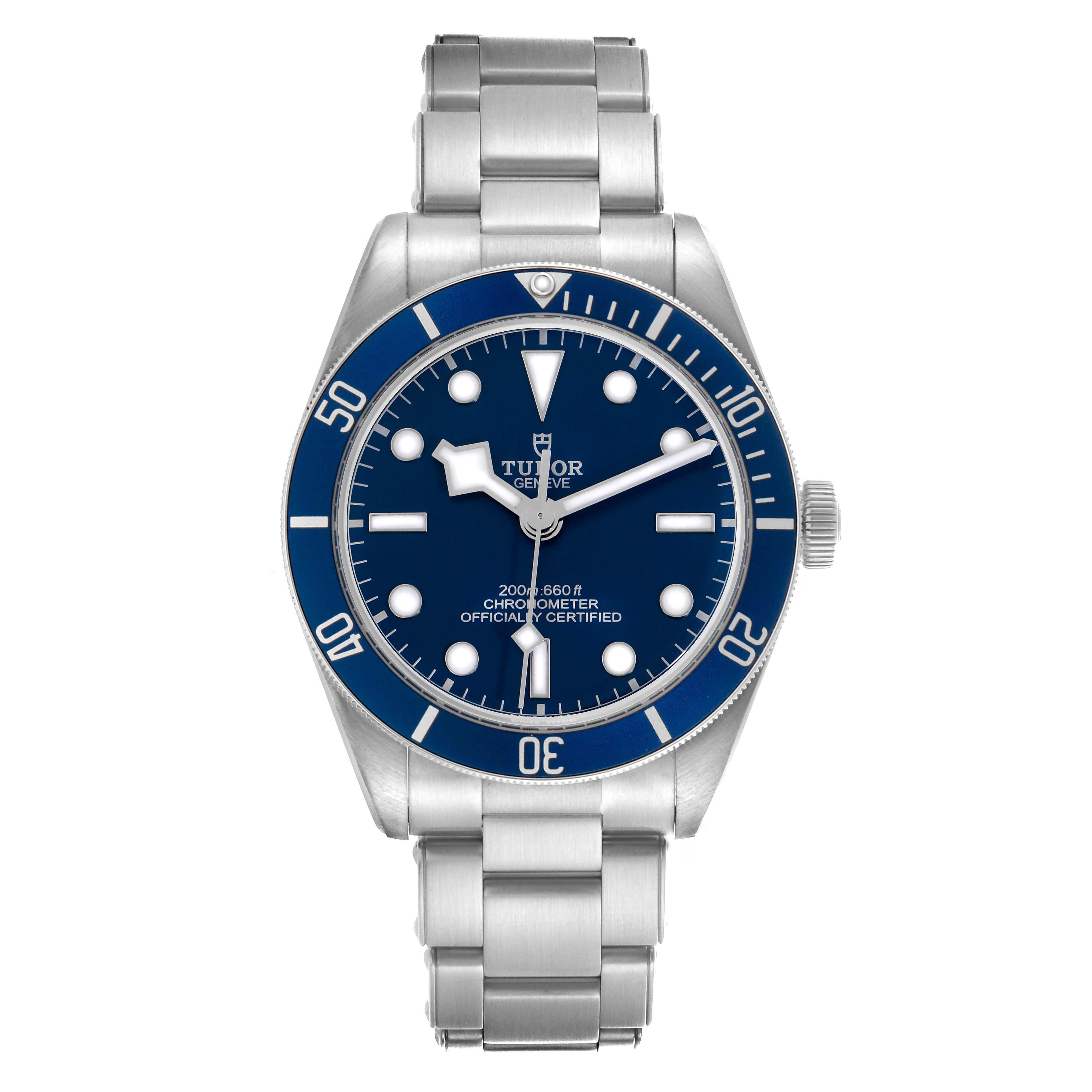 The Tudor Heritage Black Bay 79030B Men's Stainless Steel Blue Dial 79030B Men's Stainless Steel Blue Dial watch is shown from the front, highlighting the dial, bezel, and bracelet.