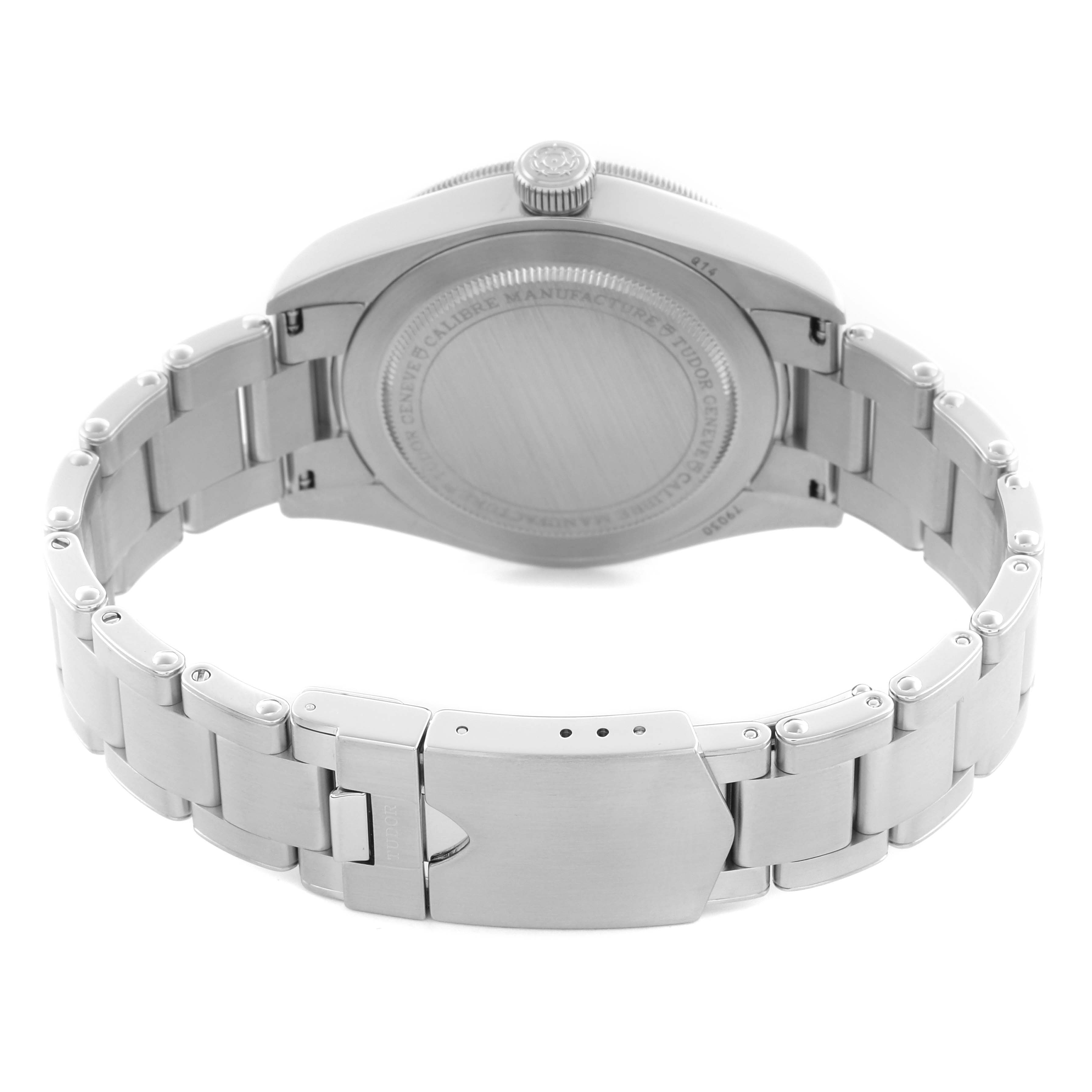 The image shows the back view of a Tudor Heritage Black Bay 79030B Men's Stainless Steel Blue Dial 79030B Men's Stainless Steel Blue Dial watch, highlighting its stainless steel case back and bracelet.