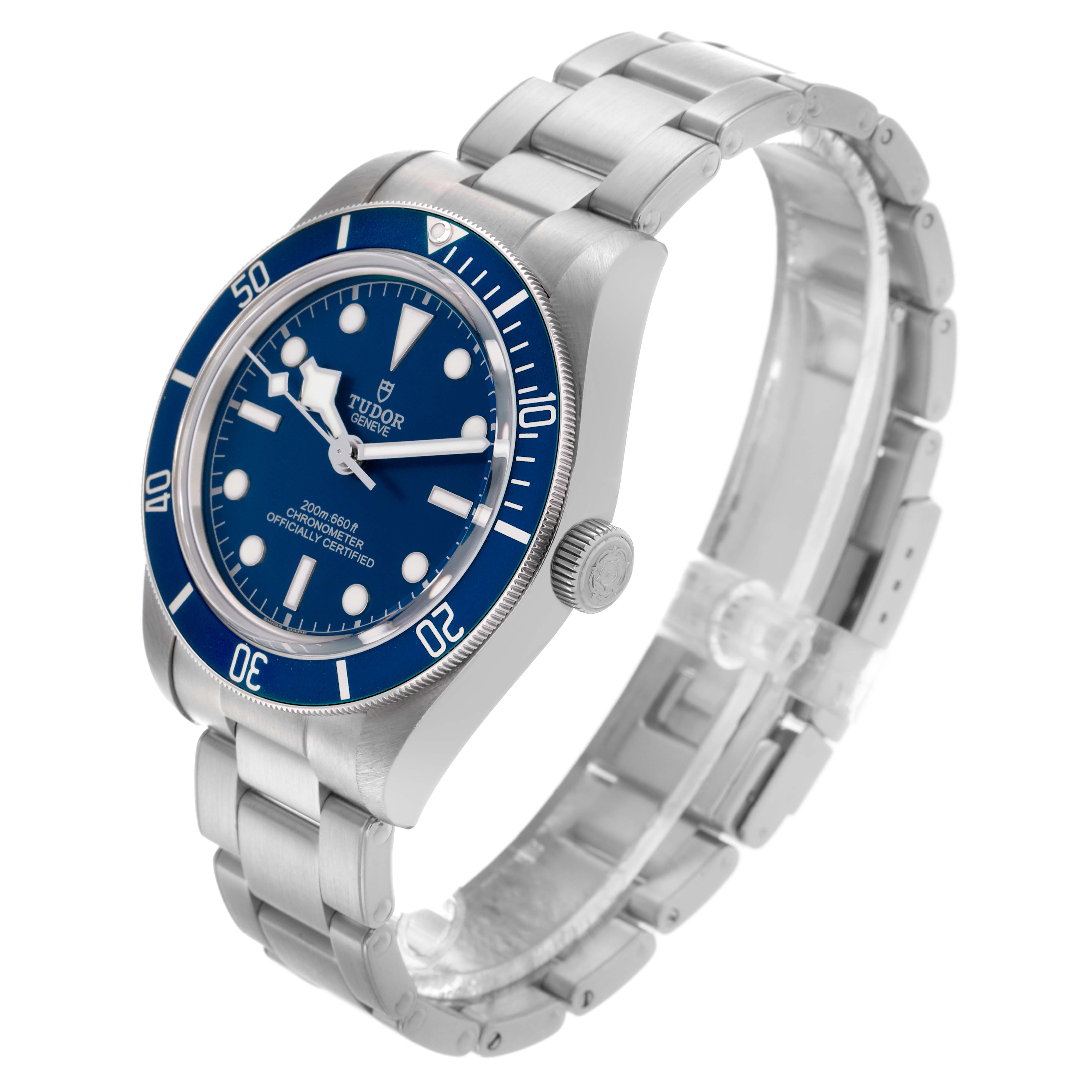 The Tudor Heritage Black Bay 79030B Men's Stainless Steel Blue Dial 79030B Men's Stainless Steel Blue Dial watch is shown at a three-quarter angle, displaying the dial, bezel, crown, and bracelet vividly.