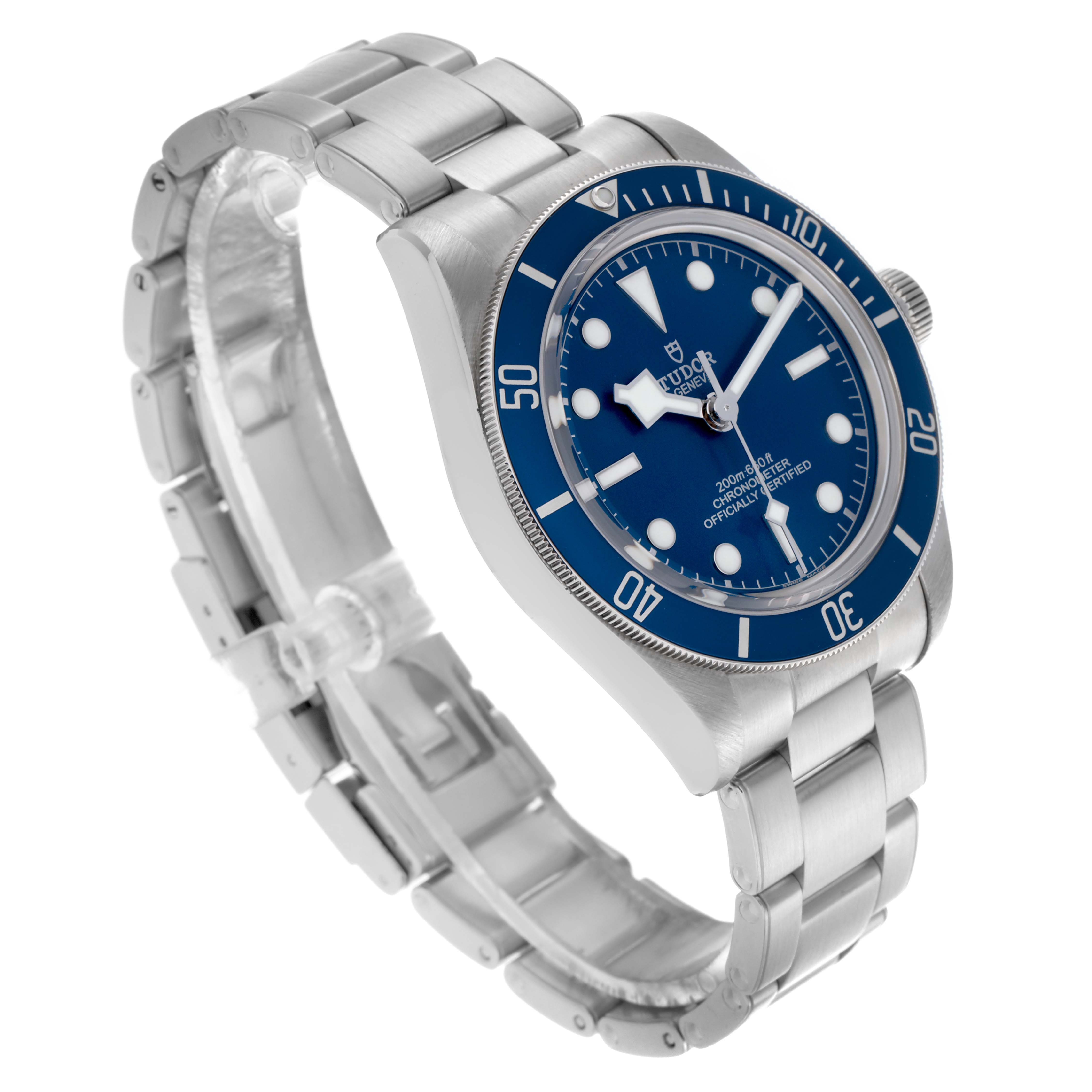 The Tudor Heritage Black Bay 79030B Men's Stainless Steel Blue Dial 79030B Men's Stainless Steel Blue Dial watch is shown at a three-quarter angle, displaying the blue dial, bezel, case, and bracelet.