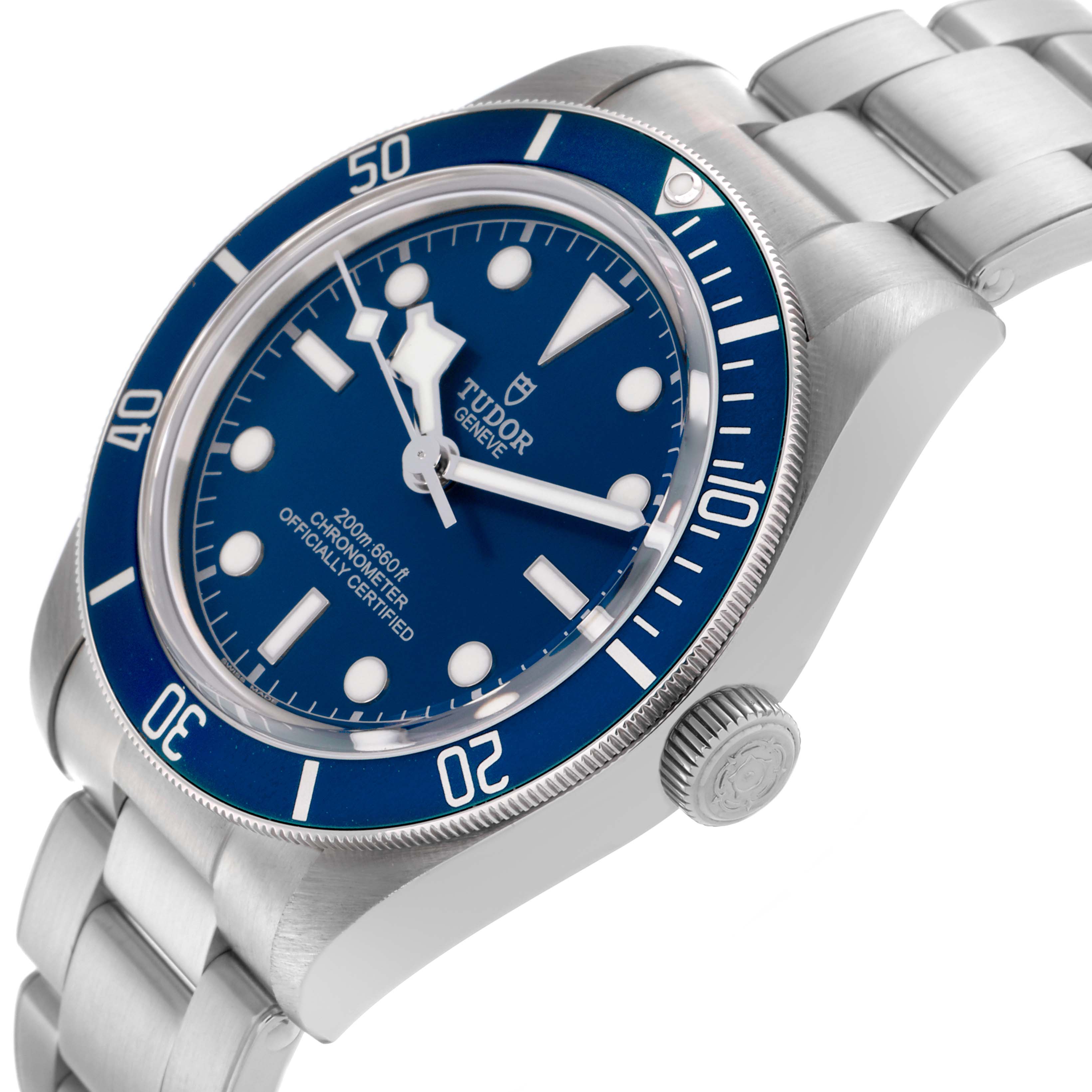 The Tudor Heritage Black Bay 79030B Men's Stainless Steel Blue Dial 79030B Men's Stainless Steel Blue Dial watch is shown at an oblique angle, highlighting its blue dial, bezel, crown, and bracelet.