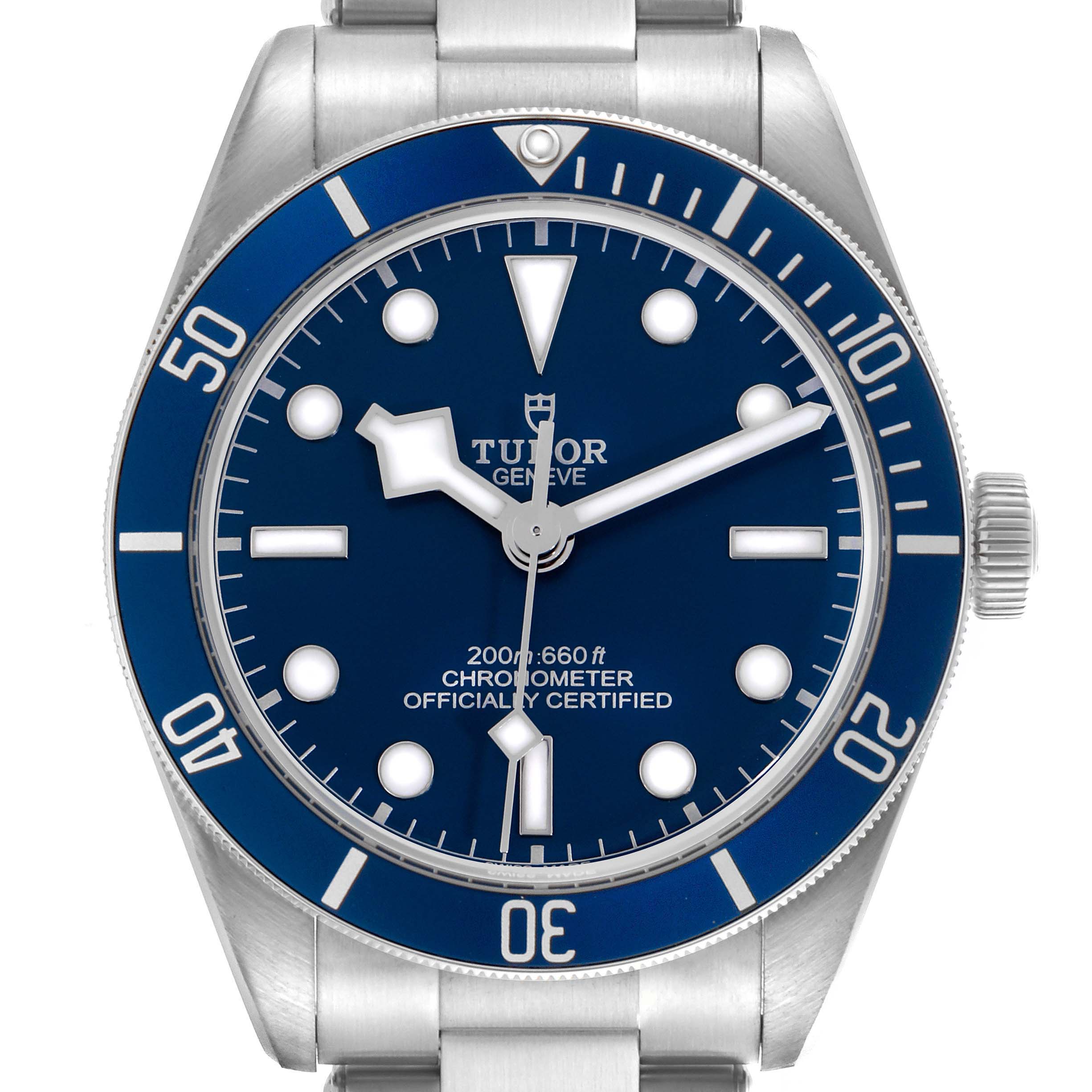 The Tudor Heritage Black Bay 79030B Men's Stainless Steel Blue Dial 79030B Men's Stainless Steel Blue Dial watch is shown from the front, displaying the dial, bezel, and a portion of the bracelet.