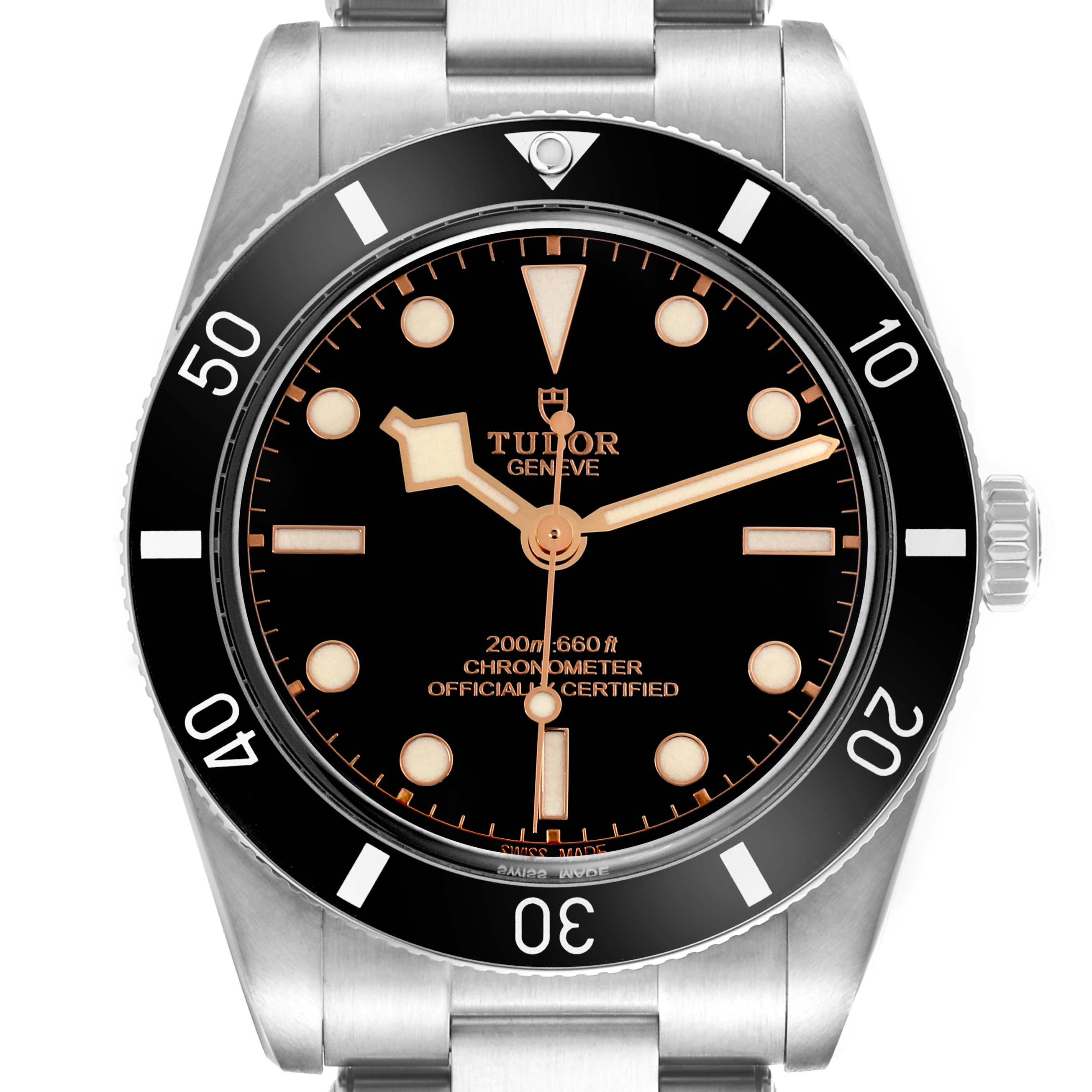 The Tudor Heritage Black Bay 79000N Men's Stainless Steel Black Dial 79000N Men's Stainless Steel Black Dial watch is shown from a front angle, highlighting the bezel, dial, and crown.