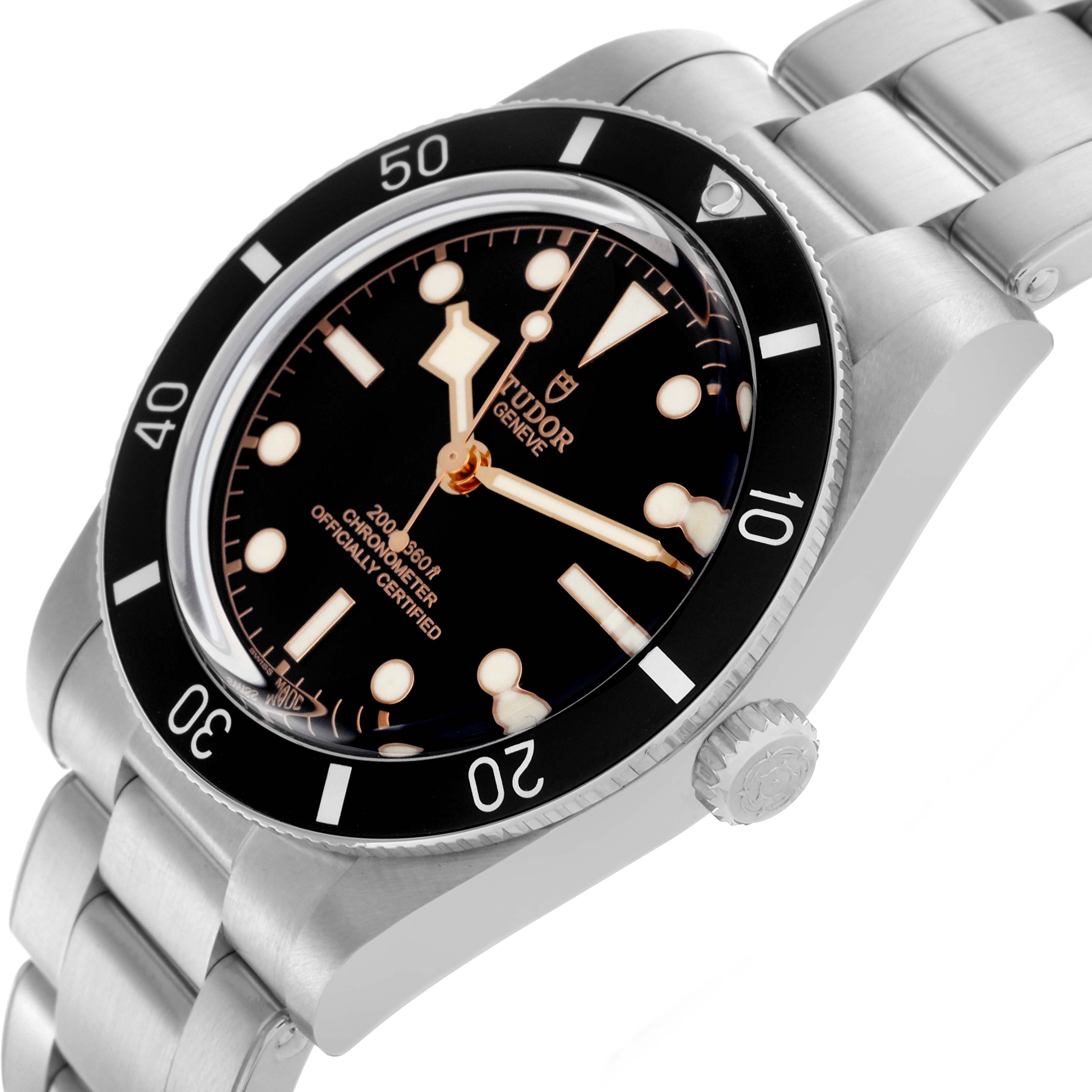 The Tudor Heritage Black Bay 79000N Men's Stainless Steel Black Dial 79000N Men's Stainless Steel Black Dial watch is shown at a three-quarter angle, highlighting the bezel, dial, crown, and bracelet.