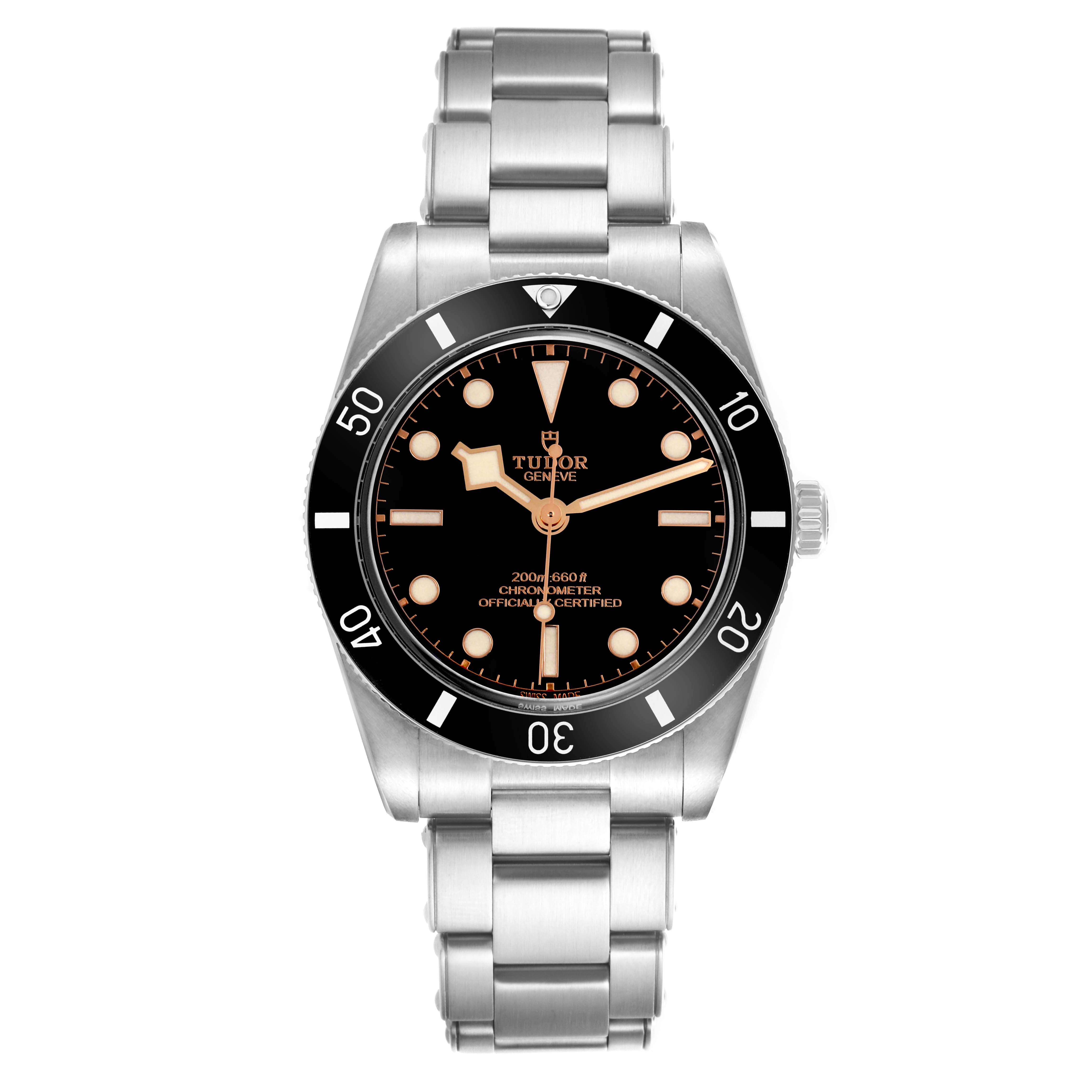 The Tudor Heritage Black Bay 79000N Men's Stainless Steel Black Dial 79000N Men's Stainless Steel Black Dial watch is shown from a frontal angle, displaying its face and metal bracelet.