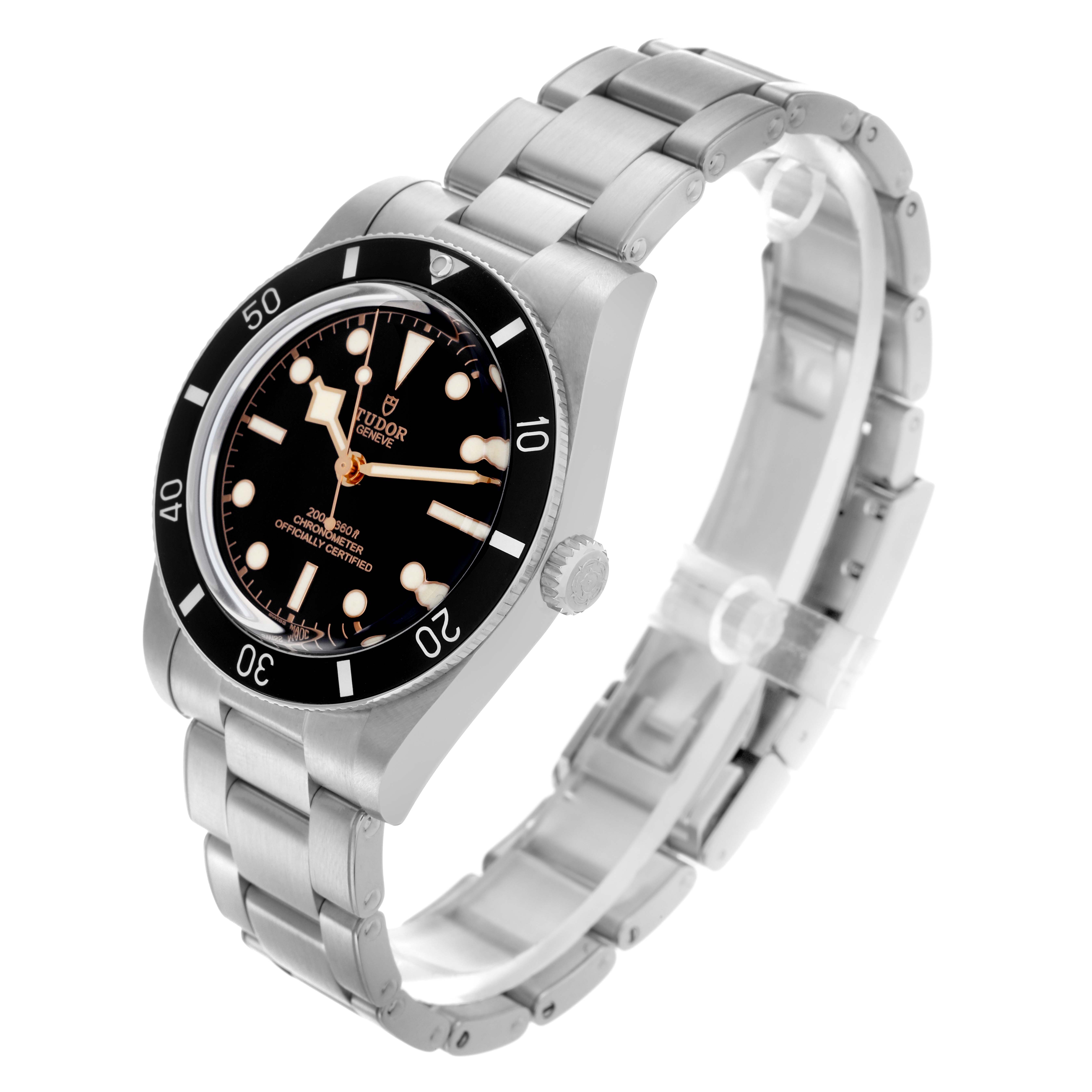 The Tudor Heritage Black Bay 79000N Men's Stainless Steel Black Dial 79000N Men's Stainless Steel Black Dial watch is shown at a slight angle, highlighting the dial, bezel, crown, and bracelet.