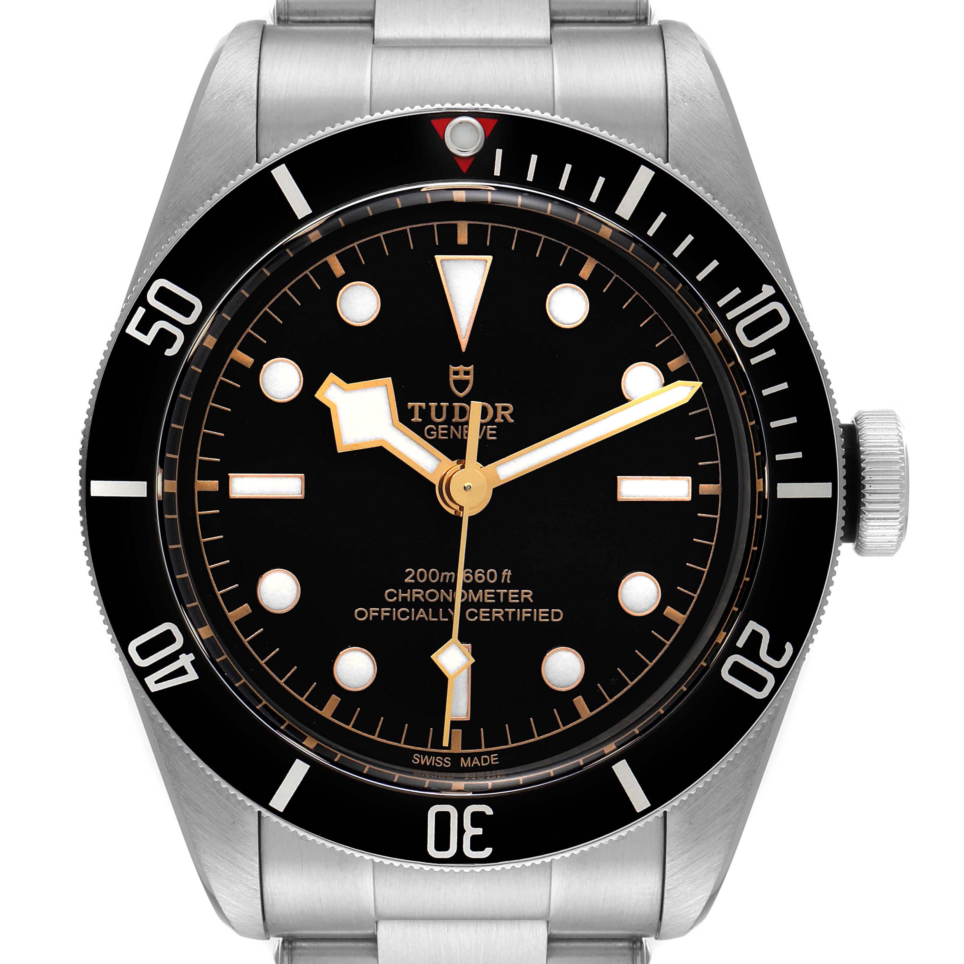 The image shows a front view of the Tudor Heritage Black Bay 79230 Men's Stainless Steel Black Dial 79230 Men's Stainless Steel Black Dial watch, displaying its dial, bezel, and part of the stainless steel bracelet.