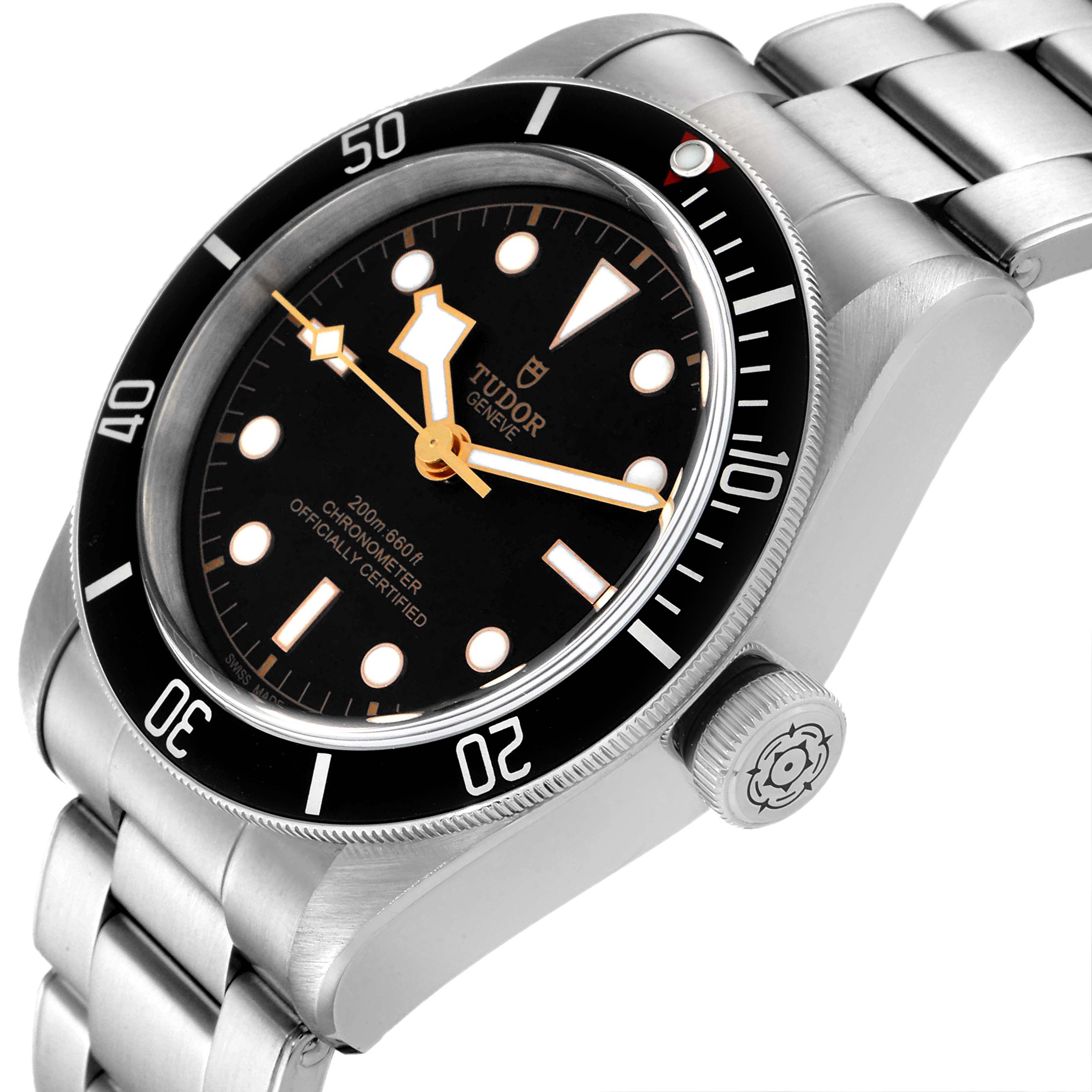 This image shows a side angle of the Tudor Heritage Black Bay 79230 Men's Stainless Steel Black Dial 79230 Men's Stainless Steel Black Dial, highlighting the dial, bezel, crown, and part of the bracelet.