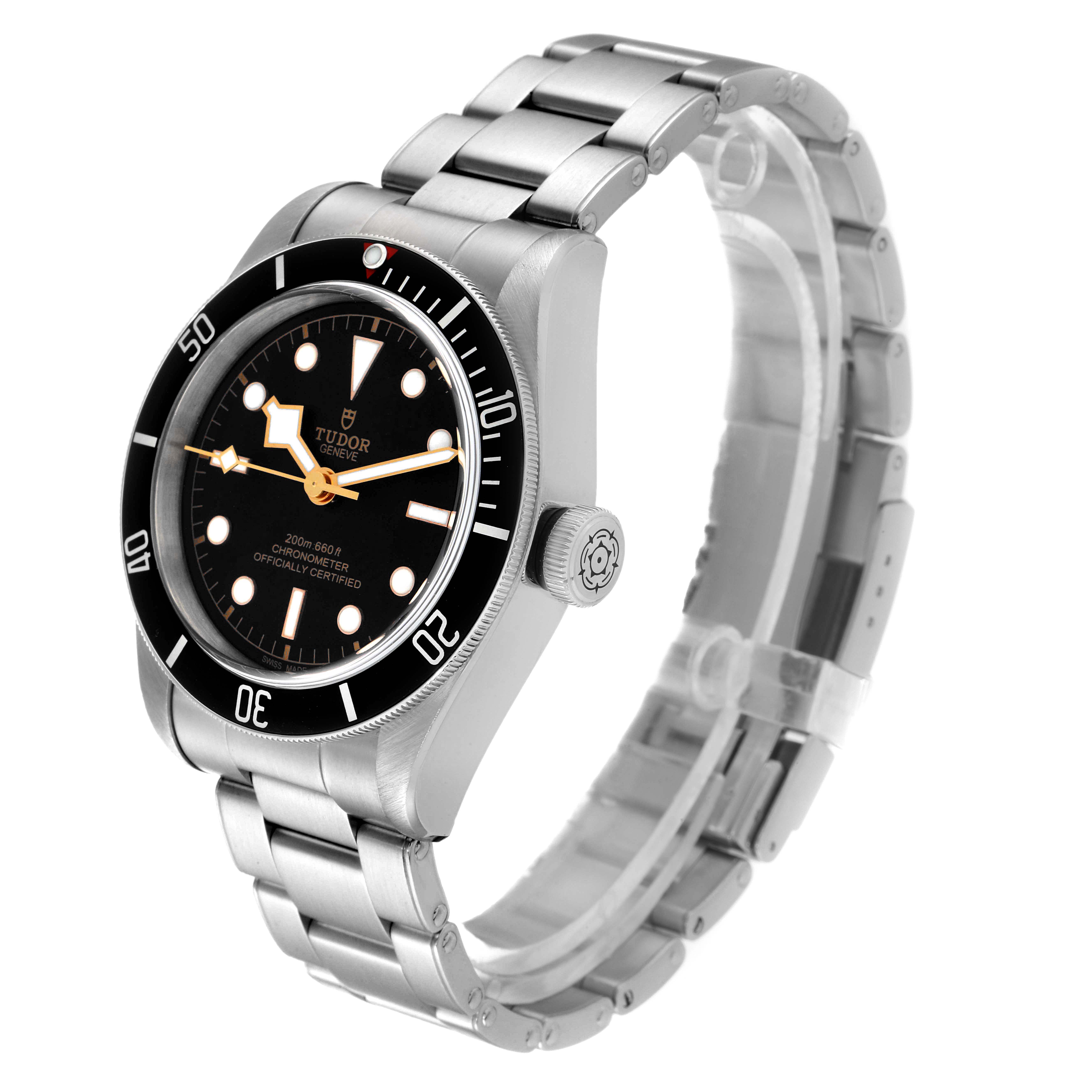 The image shows a Tudor Heritage Black Bay 79230 Men's Stainless Steel Black Dial 79230 Men's Stainless Steel Black Dial watch at a three-quarter angle, featuring its dial, bezel, crown, and metal bracelet.