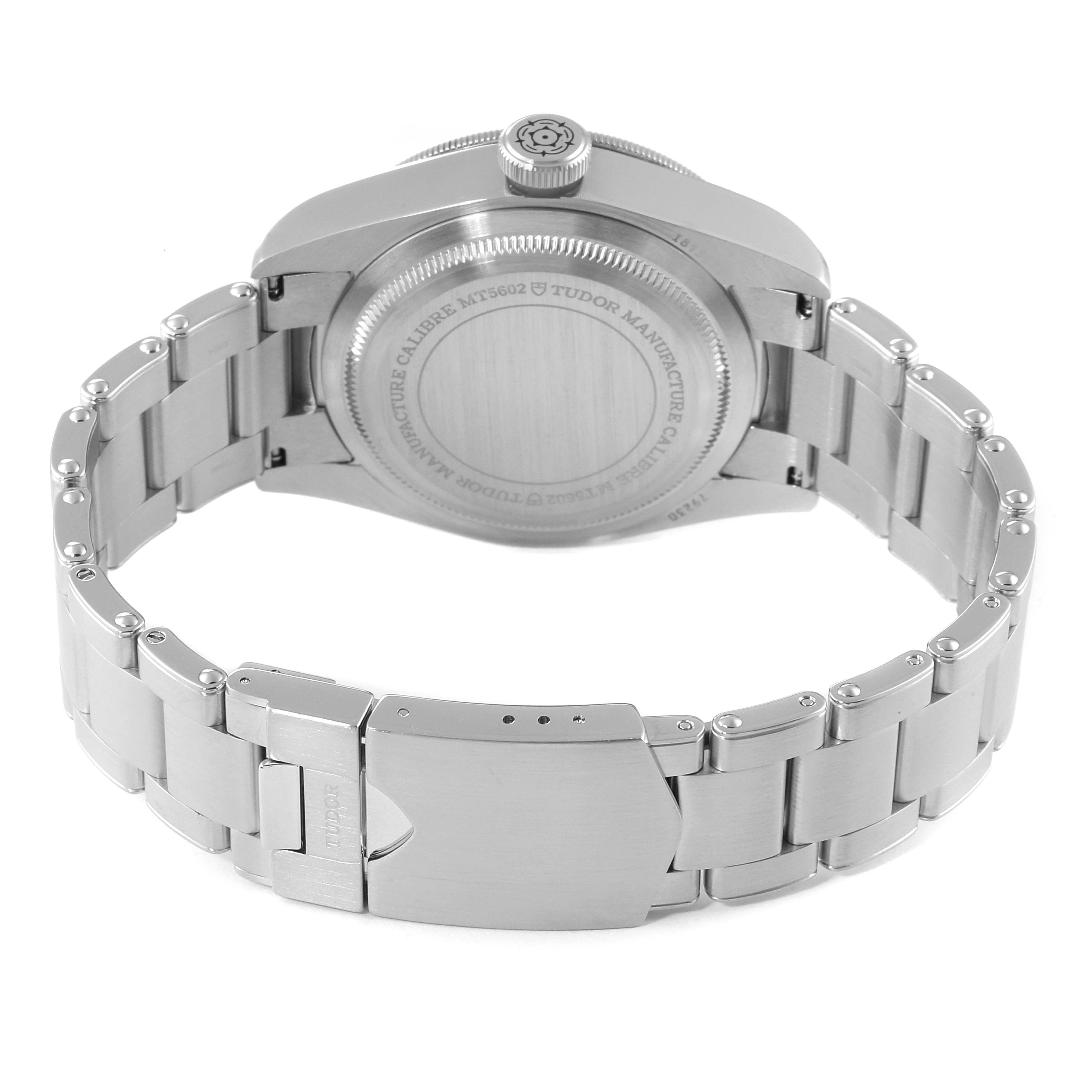 The image shows the back and bracelet of a Tudor Heritage Black Bay 79230 Men's Stainless Steel Black Dial 79230 Men's Stainless Steel Black Dial watch, including the clasp and caseback.