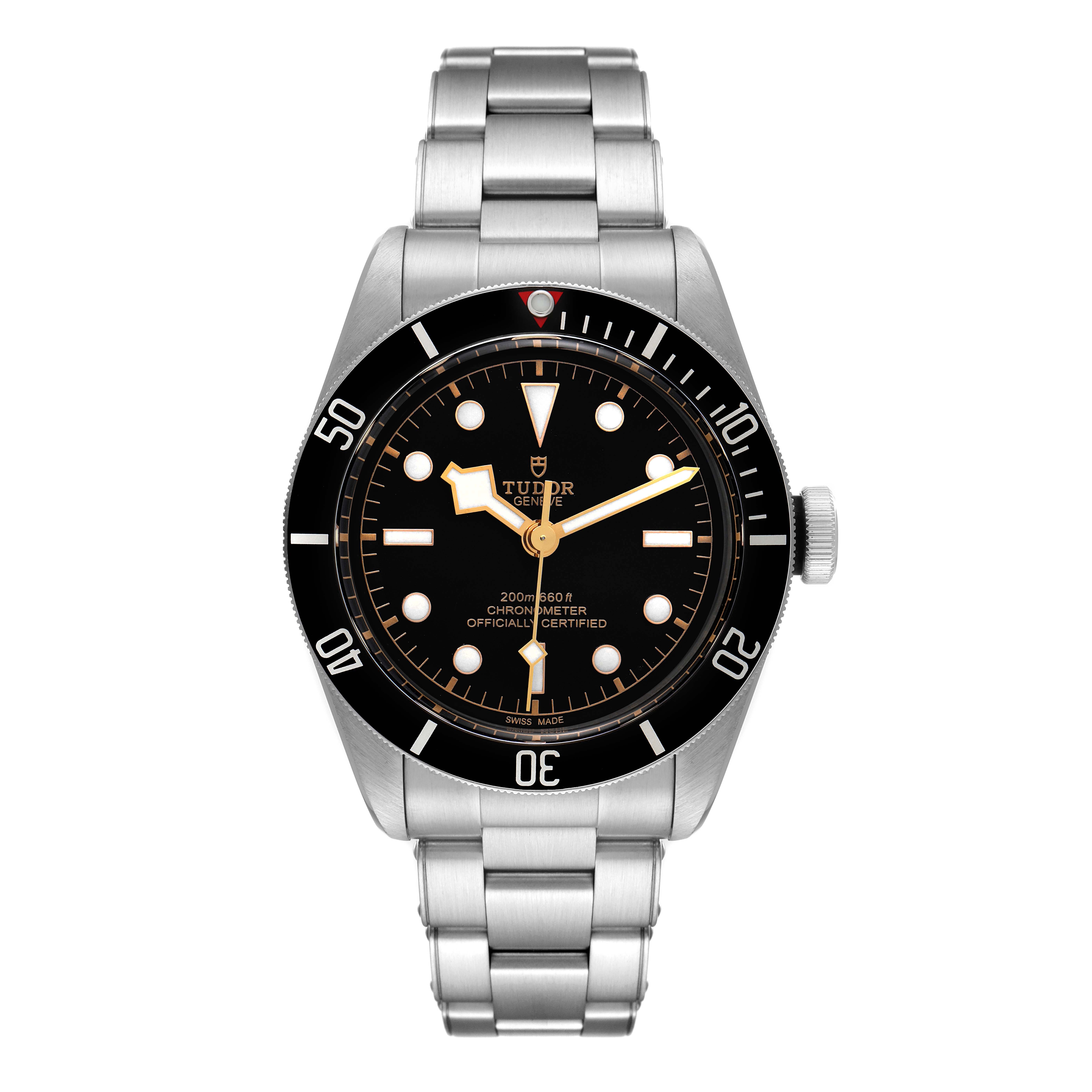 The image shows a front view of the Tudor Heritage Black Bay 79230 Men's Stainless Steel Black Dial 79230 Men's Stainless Steel Black Dial watch, displaying its dial, bezel, and metal bracelet.