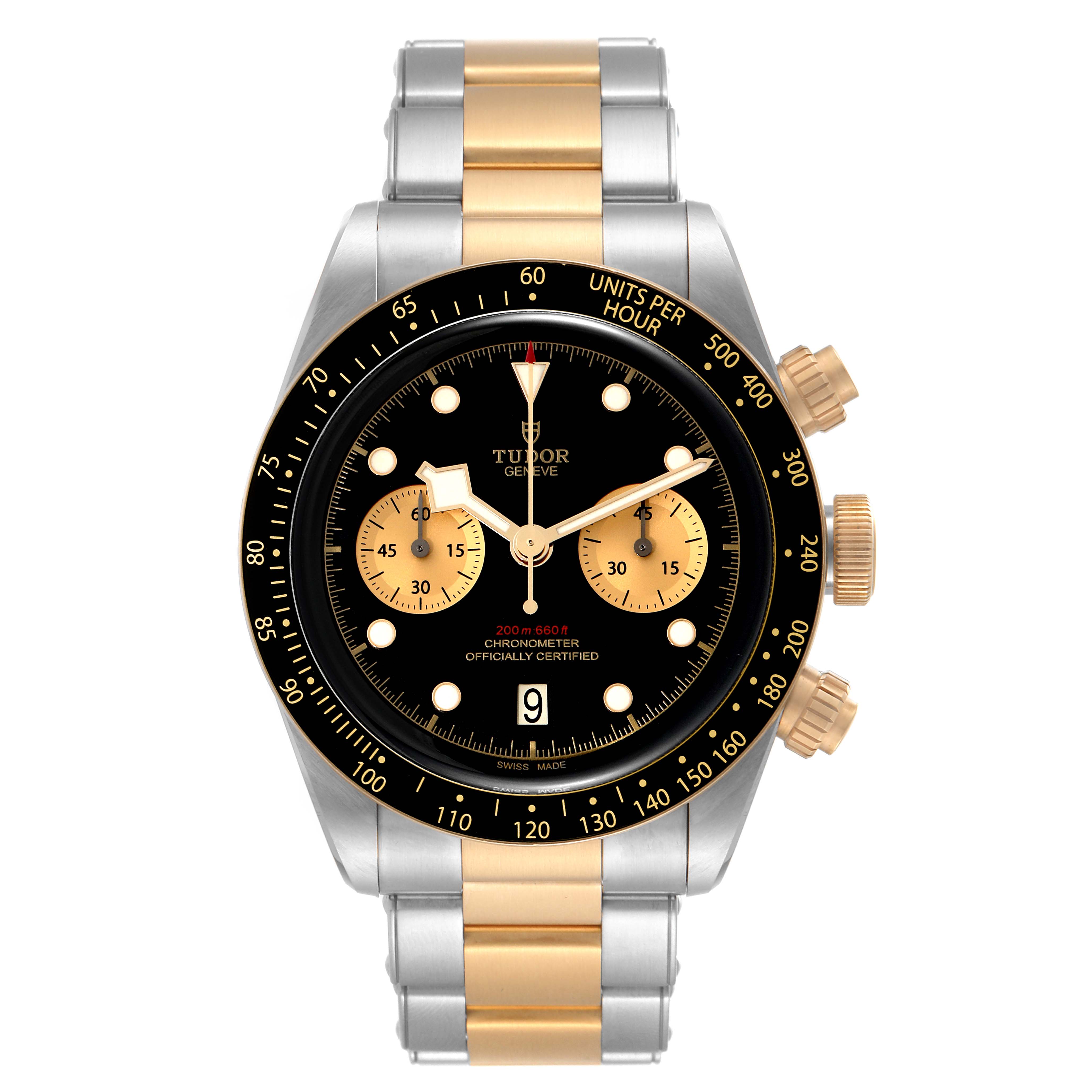 The image shows a front view of a Tudor Heritage Black Bay 79363 Men's Steel and Gold (two tone) Black Dial 79363 Men's Steel and Gold (two tone) Black Dial watch, highlighting its black dial, gold sub-dials, and two-tone bracelet.