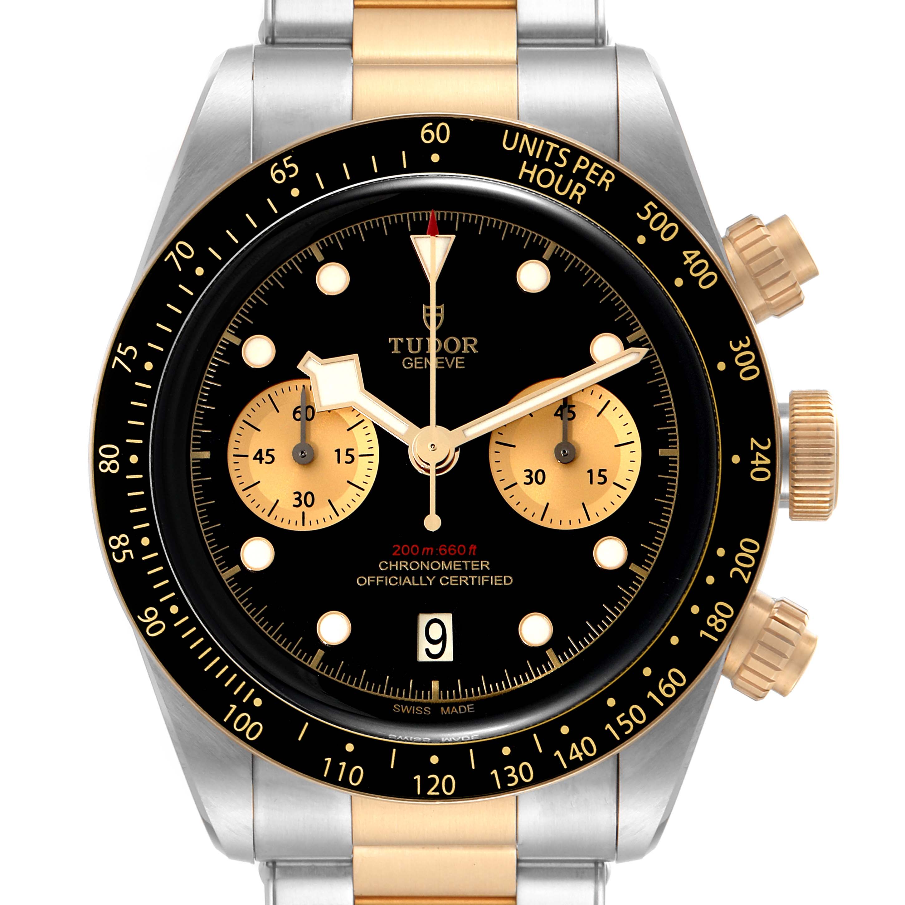 The image shows a front view of the Tudor Heritage Black Bay 79363 Men's Steel and Gold (two tone) Black Dial 79363 Men's Steel and Gold (two tone) Black Dial watch, displaying its dial, bezel, and part of the bracelet.