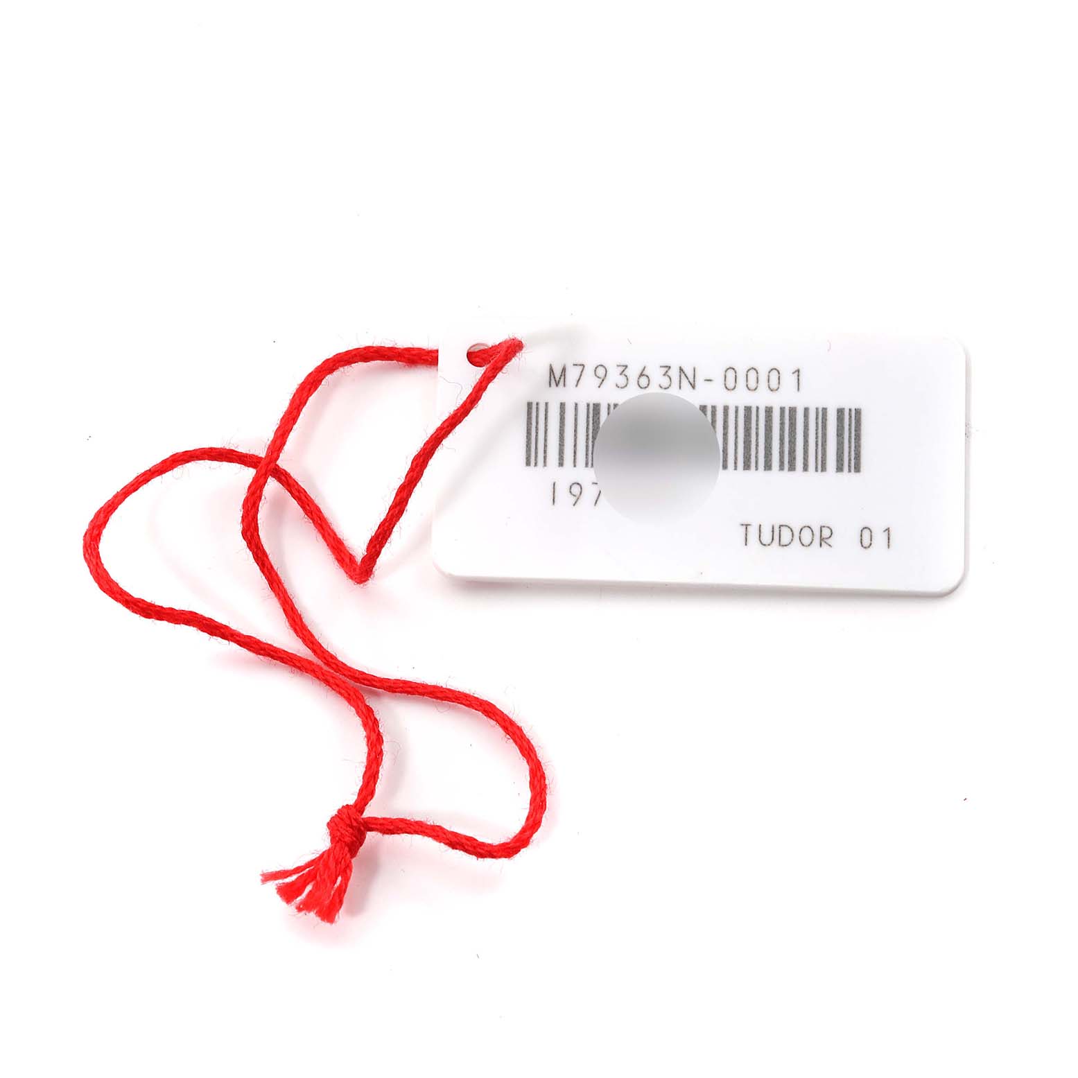 The image shows a Tudor Heritage Black Bay 79363 Men's Steel and Gold (two tone) Black Dial 79363 Men's Steel and Gold (two tone) Black Dial hang tag with its red string and model information displayed.