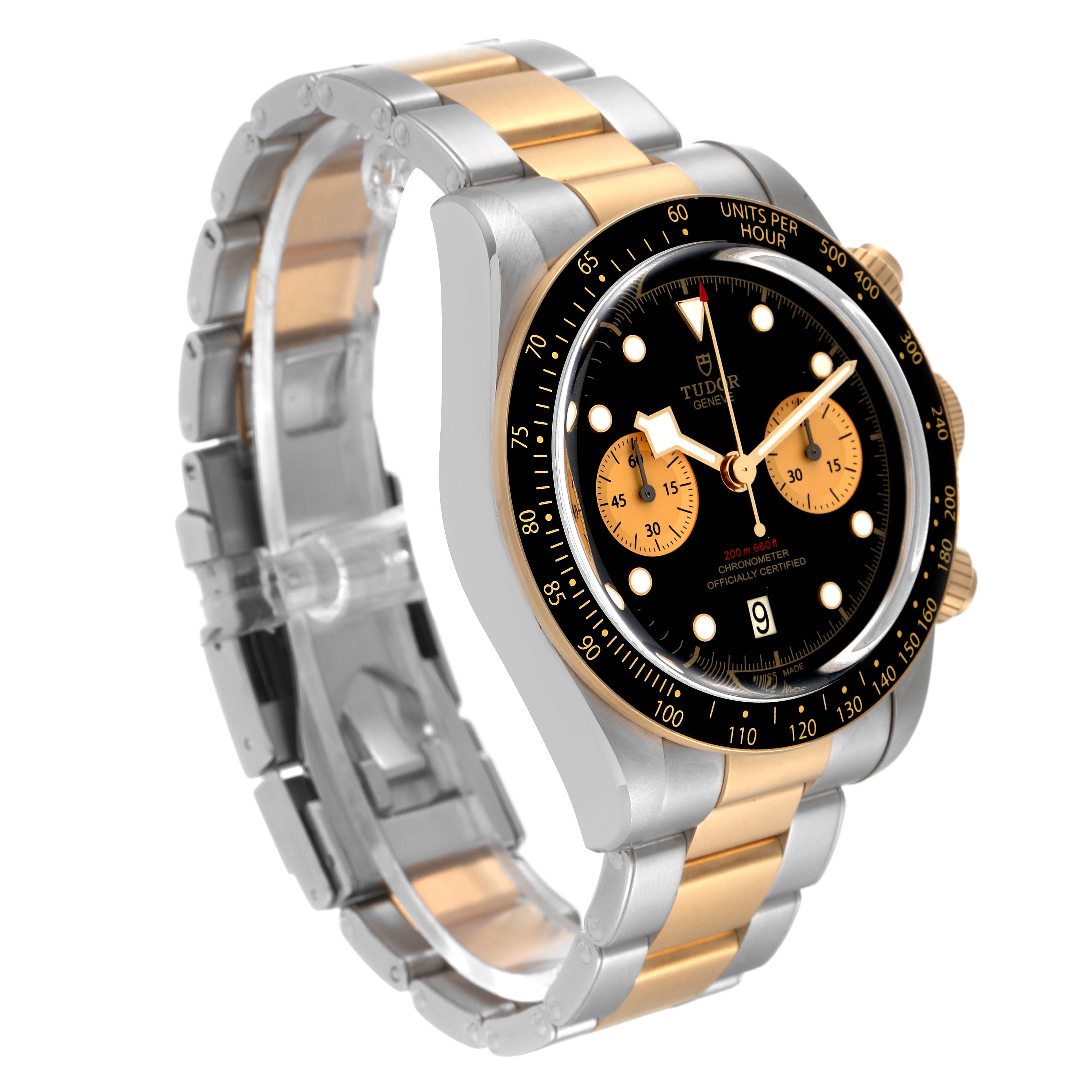 This image shows a side angle of the Tudor Heritage Black Bay 79363 Men's Steel and Gold (two tone) Black Dial 79363 Men's Steel and Gold (two tone) Black Dial watch, focusing on its dial, bezel, and two-tone bracelet.