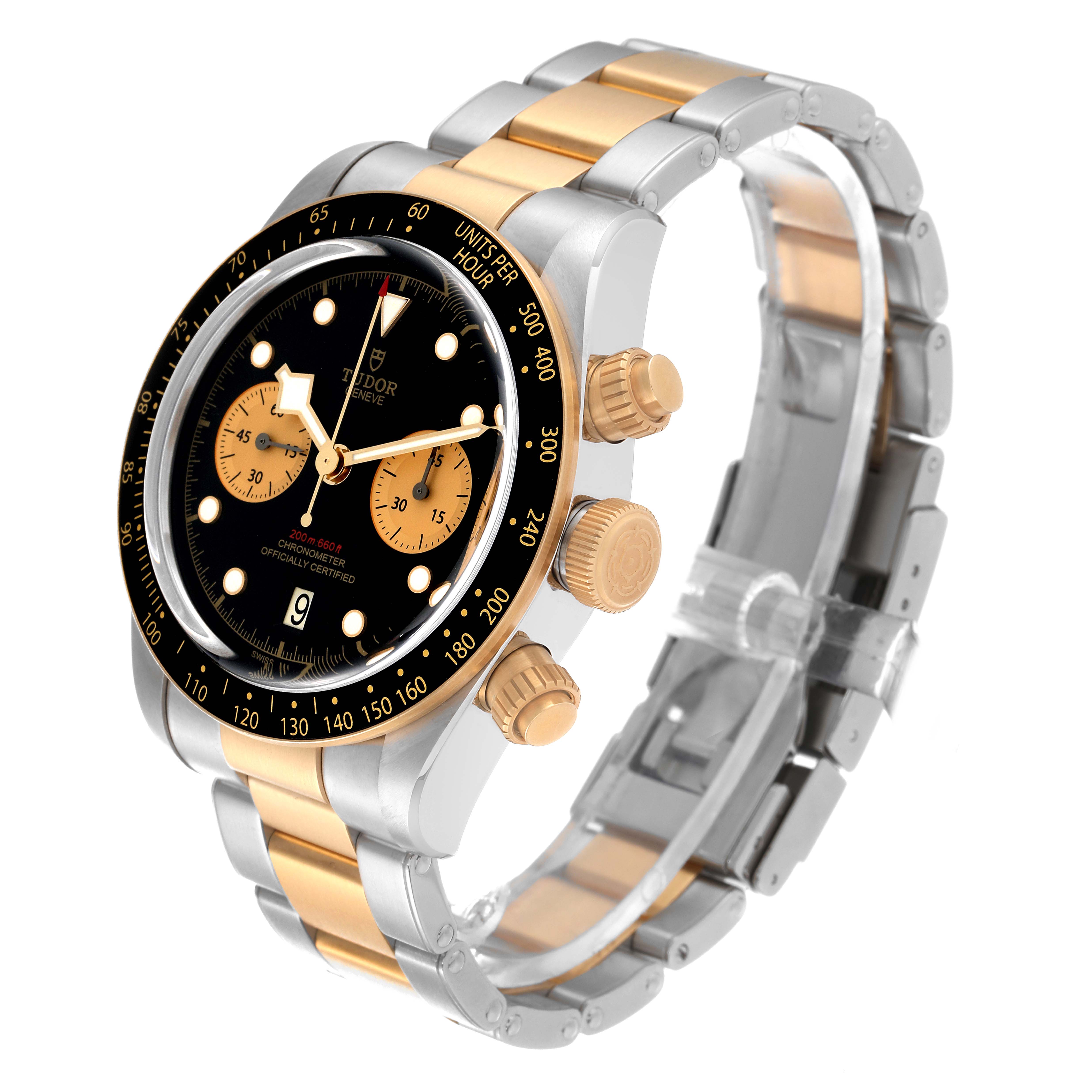 The image shows a Tudor Heritage Black Bay 79363 Men's Steel and Gold (two tone) Black Dial 79363 Men's Steel and Gold (two tone) Black Dial watch at a 3/4 angle, highlighting its face, bezel, crown, and two-tone bracelet.