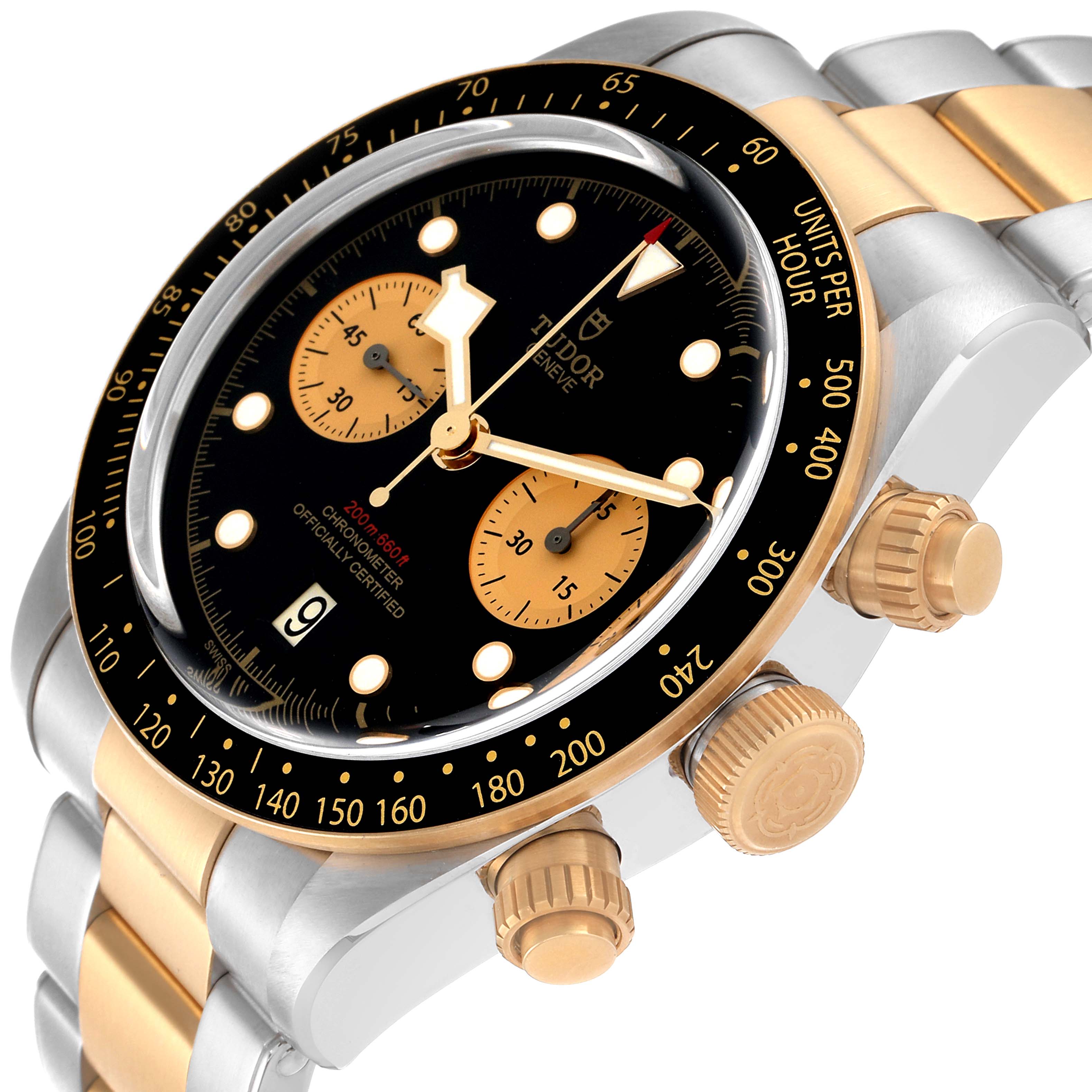 The Tudor Heritage Black Bay 79363 Men's Steel and Gold (two tone) Black Dial 79363 Men's Steel and Gold (two tone) Black Dial watch is viewed at a slight angle, showing the dial, bezel, chronograph buttons, and part of the bracelet.