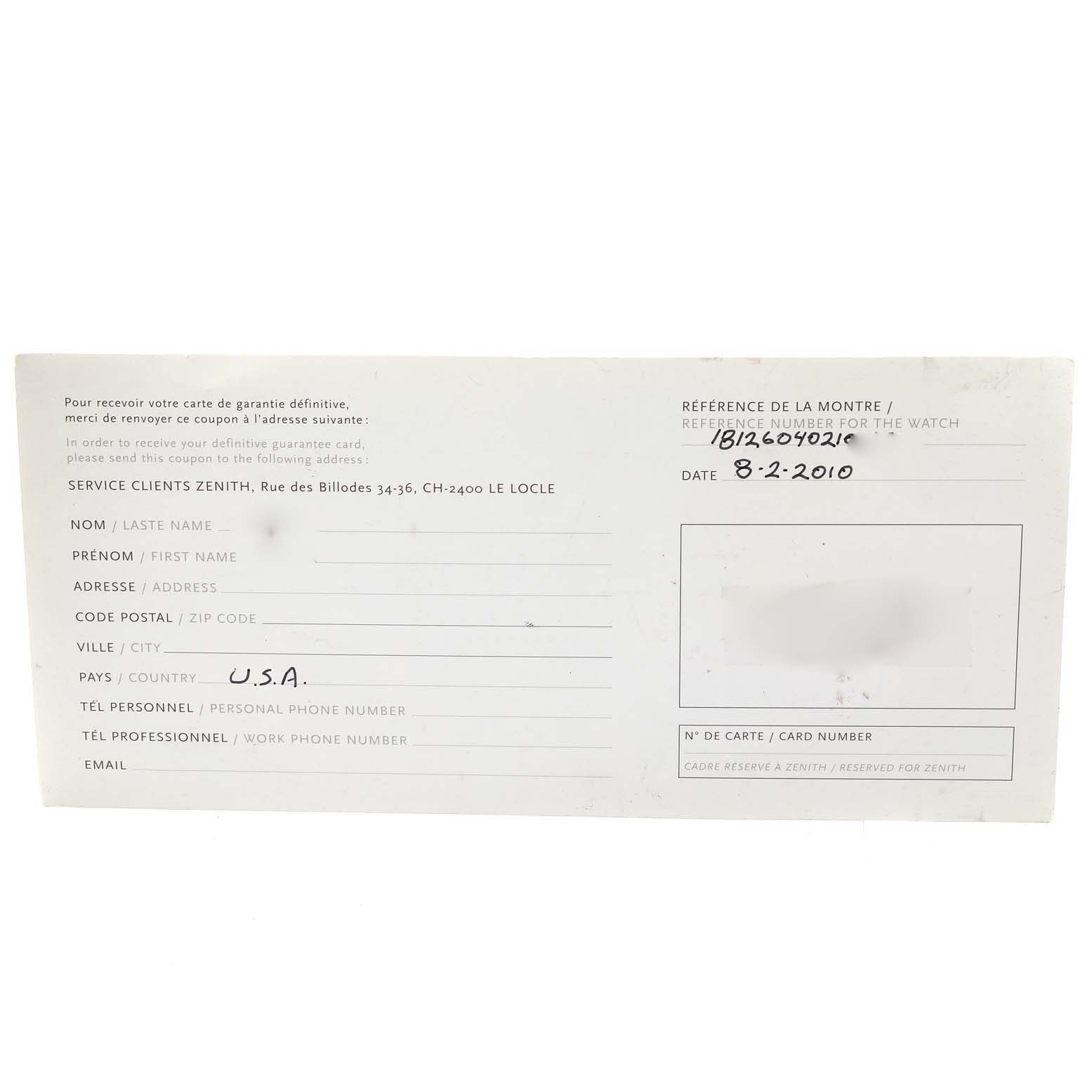 This is a warranty or service card for the Zenith Chronomaster 18.1260.4021/01.C50 Men's Rose Gold Silver Dial 18.1260.4021/01.C50 Men's Rose Gold Silver Dial watch, displaying fields for personal information and watch details.