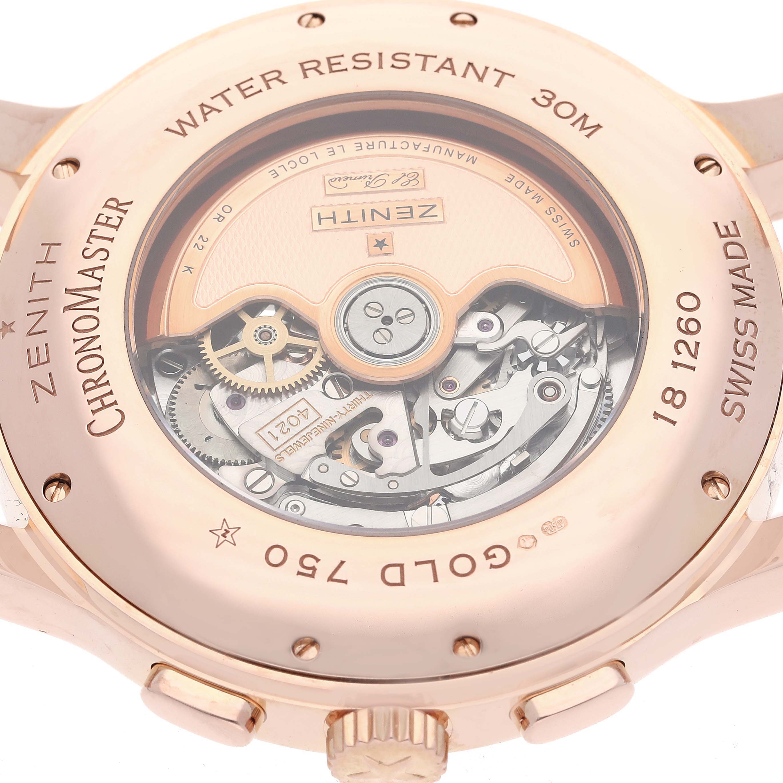 This image shows the back view of a Zenith Chronomaster 18.1260.4021/01.C50 Men's Rose Gold Silver Dial 18.1260.4021/01.C50 Men's Rose Gold Silver Dial watch highlighting its movement and casing details.
