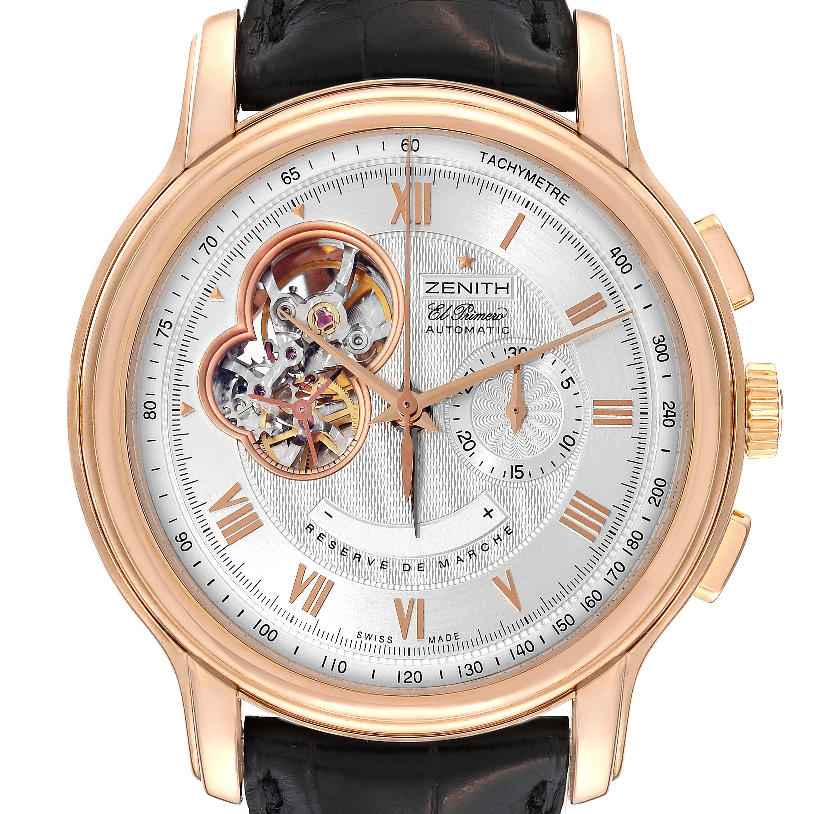 This image shows a Zenith Chronomaster 18.1260.4021/01.C50 Men's Rose Gold Silver Dial 18.1260.4021/01.C50 Men's Rose Gold Silver Dial watch from the front, highlighting the dial, open heart design, and chronograph features.