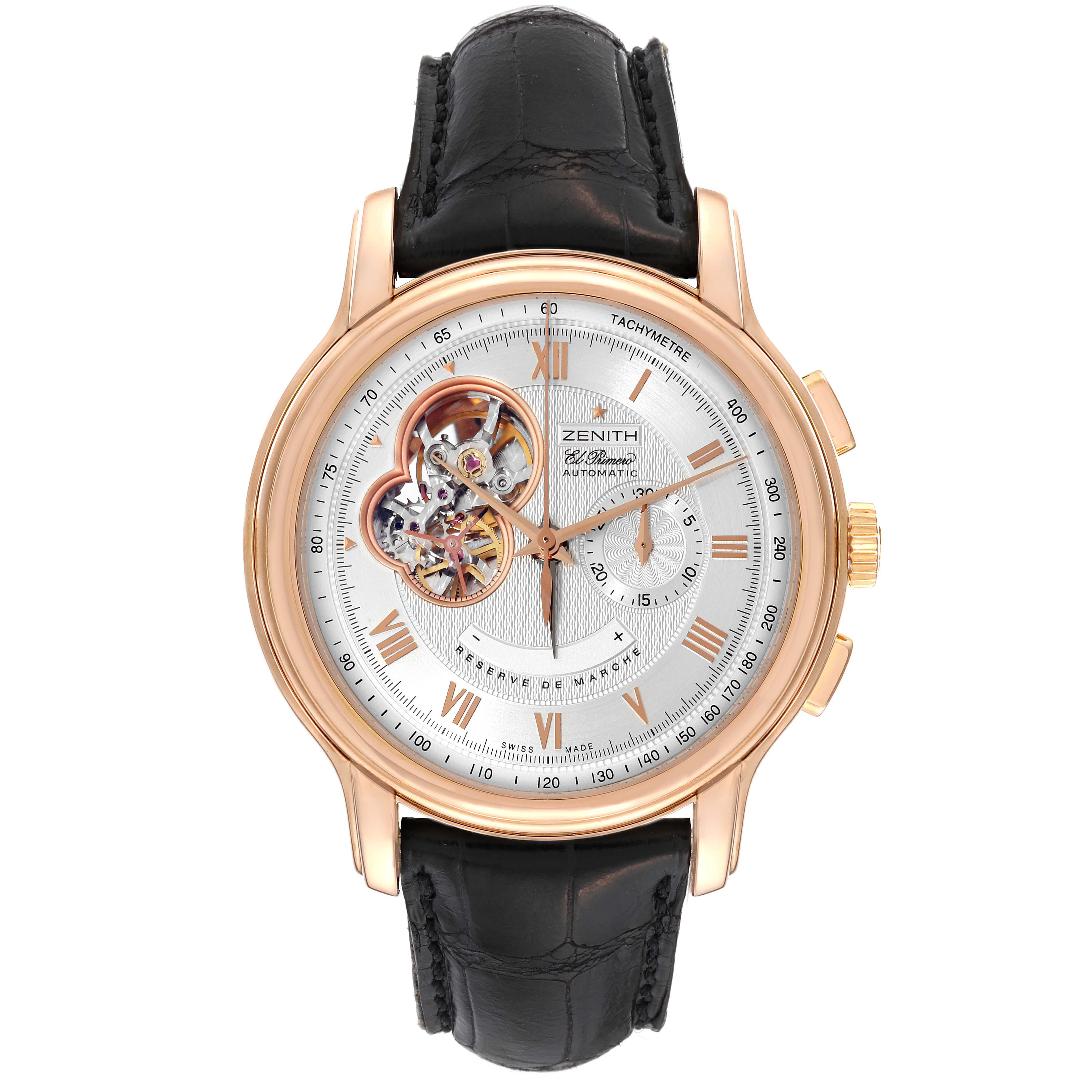 This image shows a front view of the Zenith Chronomaster 18.1260.4021/01.C50 Men's Rose Gold Silver Dial 18.1260.4021/01.C50 Men's Rose Gold Silver Dial watch, highlighting its open-heart mechanism and black leather strap.