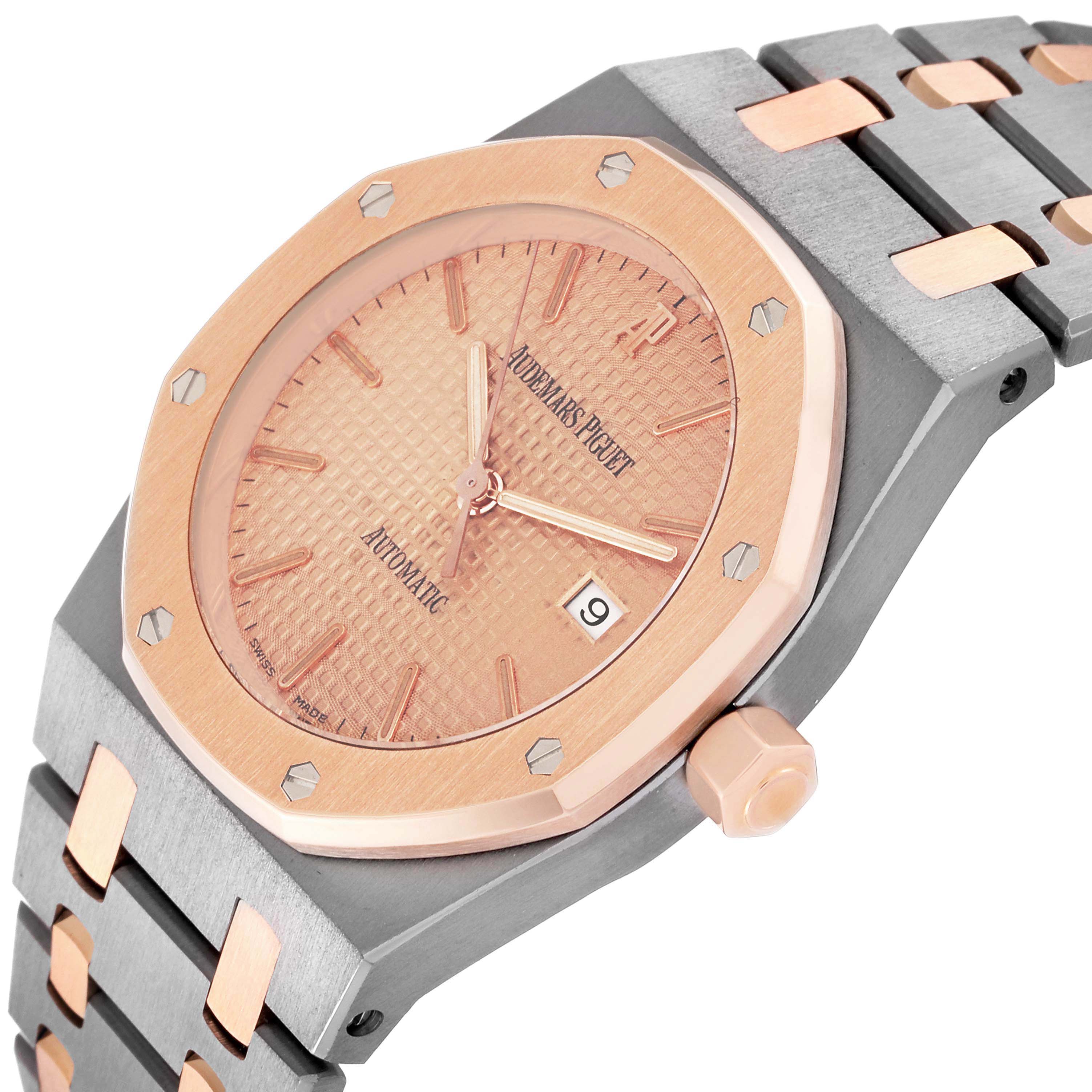 The Audemars Piguet Royal Oak 15000TR Men's Titanium Pink Dial watch is shown at an angle displaying the face, bezel, crown, and bracelet.