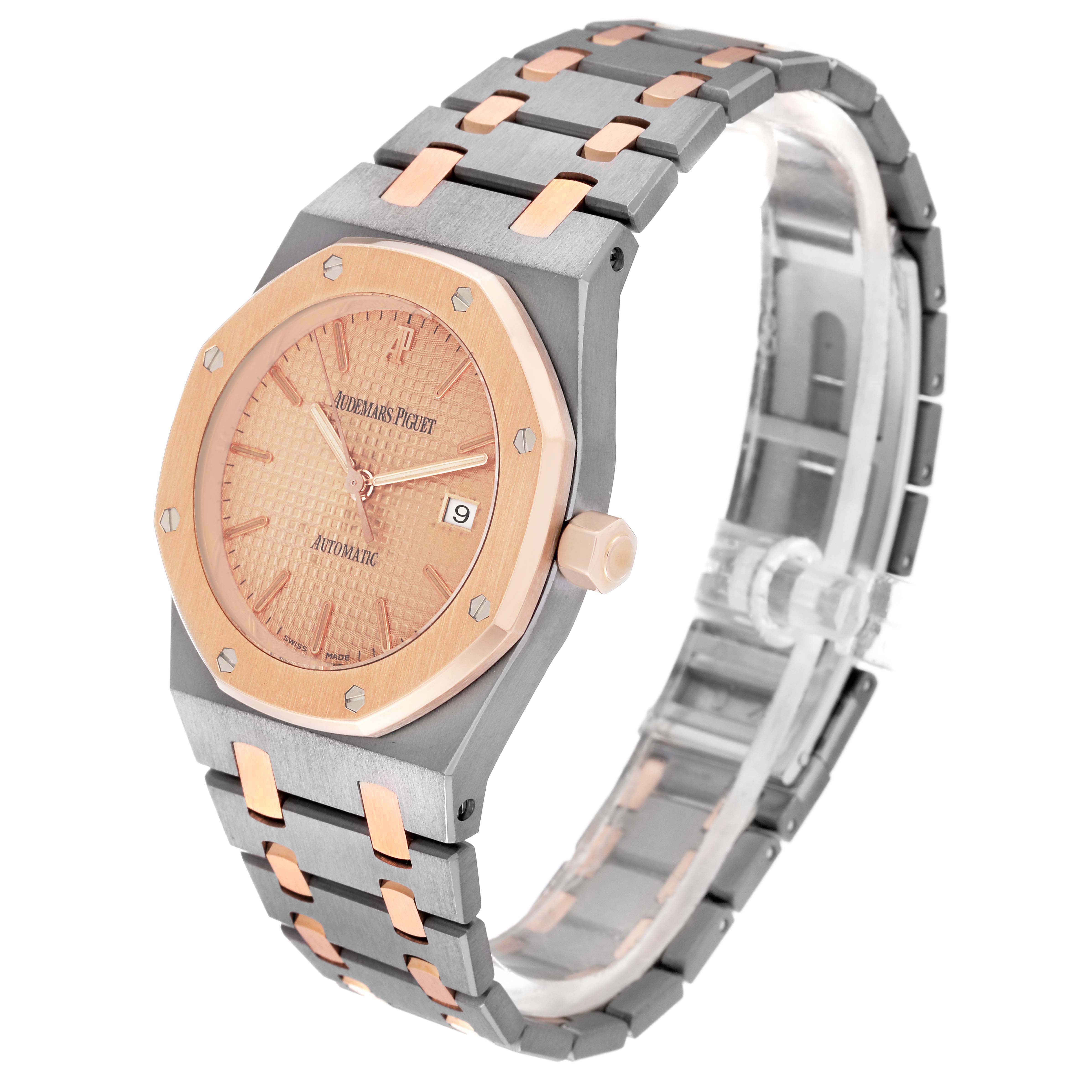 The Audemars Piguet Royal Oak 15000TR Men's Titanium Pink Dial watch is shown at an angle highlighting the face, bezel, crown, and bracelet links.