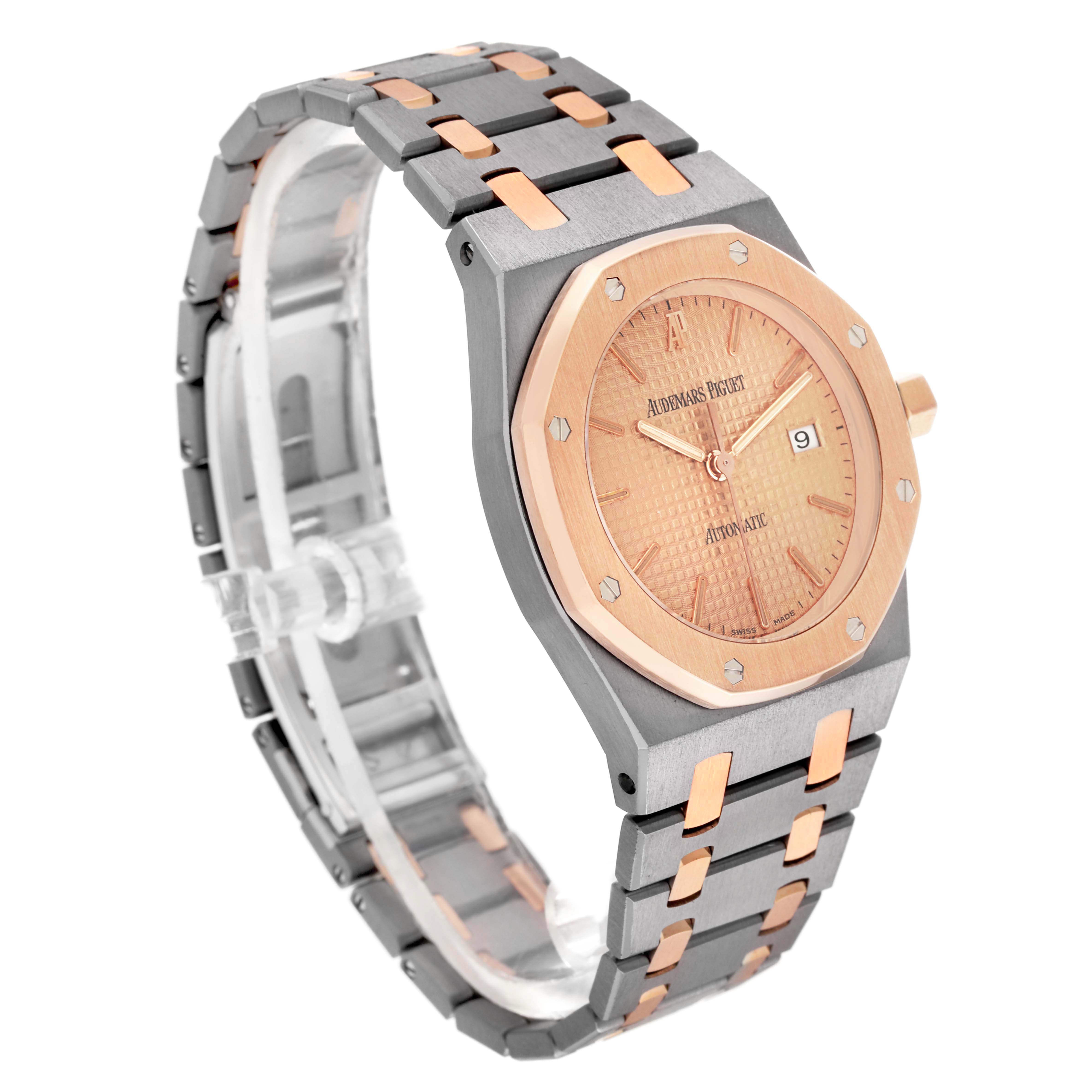 The Audemars Piguet Royal Oak 15000TR Men's Titanium Pink Dial watch is shown at a three-quarter angle, displaying the watch face, bezel, and part of the bracelet.