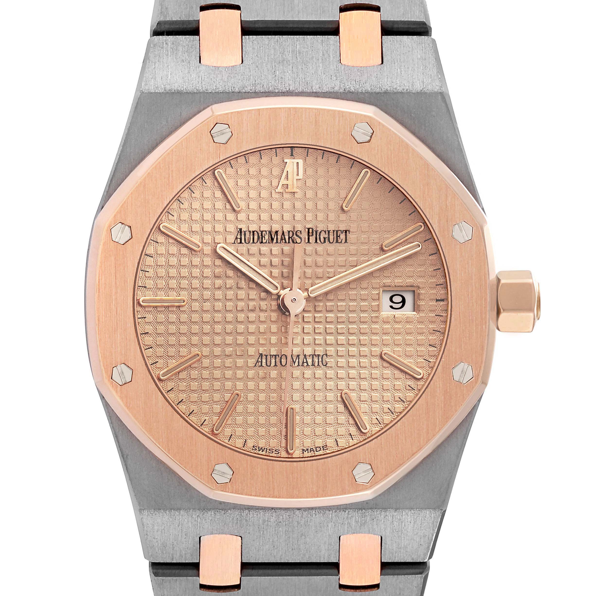 The Audemars Piguet Royal Oak 15000TR Men's Titanium Pink Dial watch is shown from the front, highlighting its dial, hands, date window, and iconic octagonal bezel.