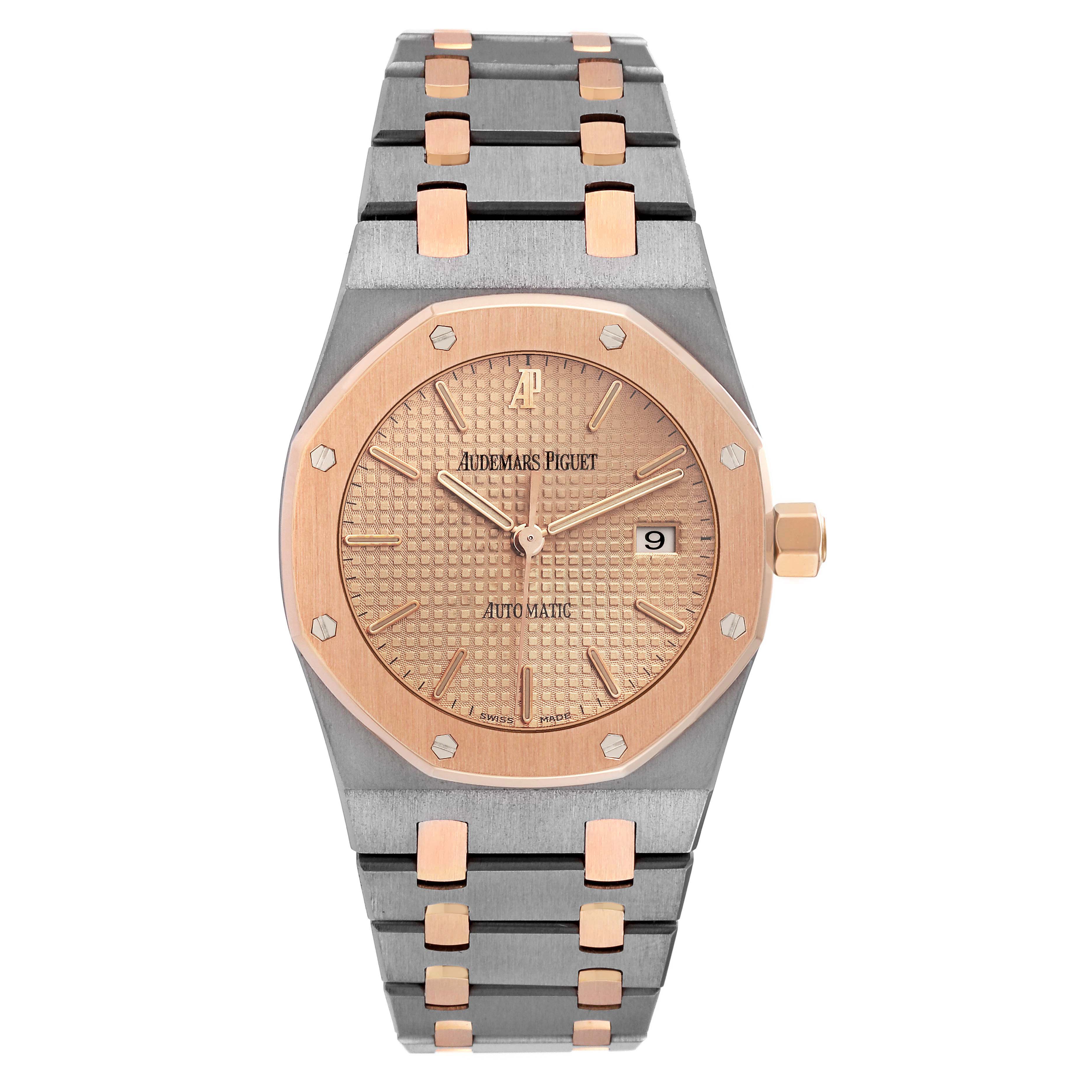 The Audemars Piguet Royal Oak 15000TR Men's Titanium Pink Dial watch is shown from the front, displaying the dial, bezel, bracelet, and crown.