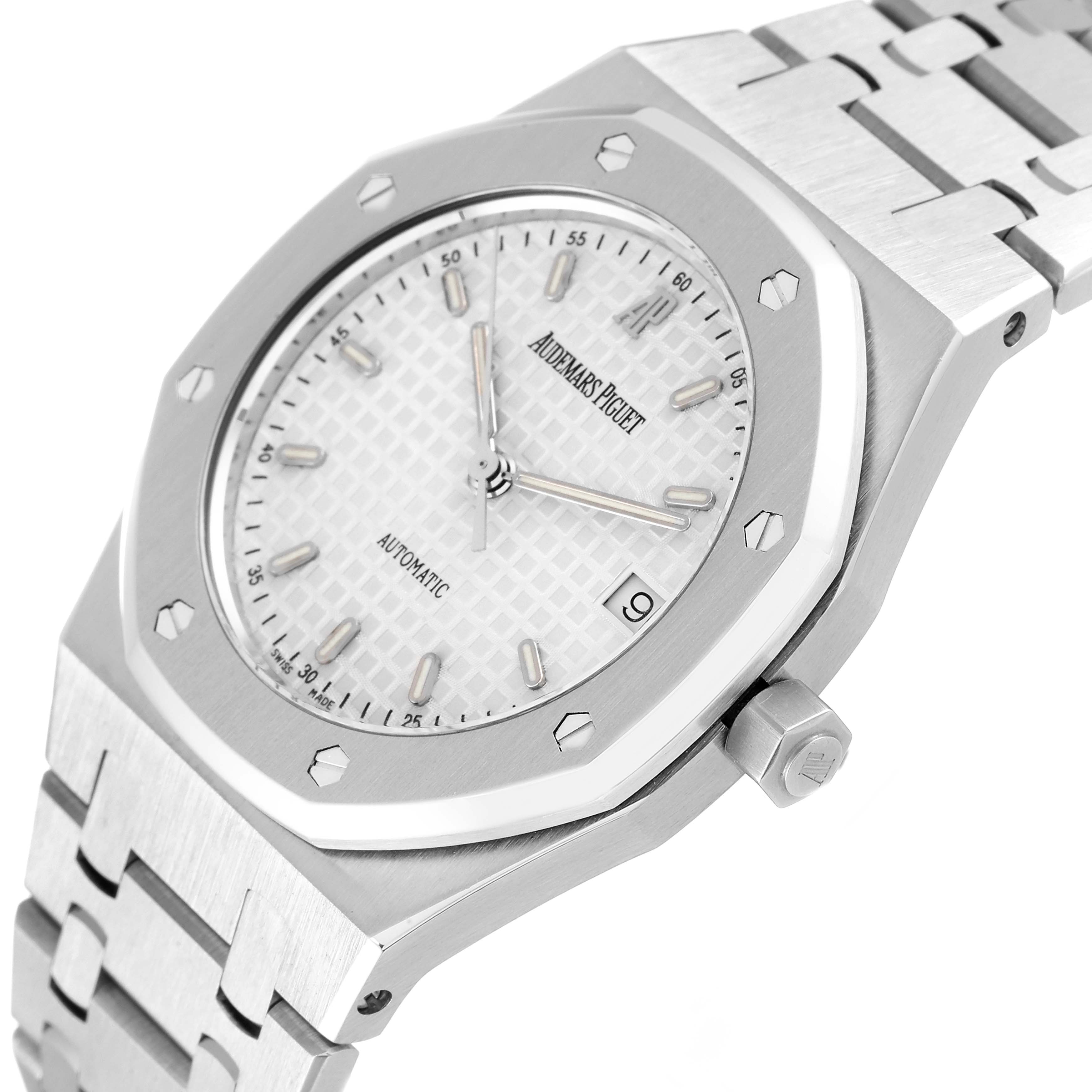 The Audemars Piguet Royal Oak 14790ST Men's Stainless Steel Silver Dial 14790ST Men's Stainless Steel Silver Dial watch is shown at a slight angle, highlighting the bezel, face, date window, and partly the bracelet.