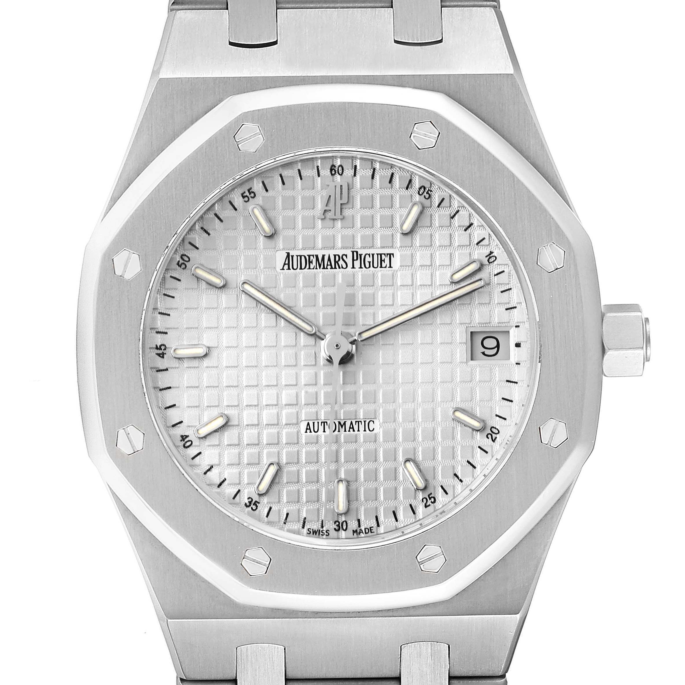 The Audemars Piguet Royal Oak 14790ST Men's Stainless Steel Silver Dial 14790ST Men's Stainless Steel Silver Dial watch is shown from a front angle, highlighting its octagonal bezel, dial, and bracelet.