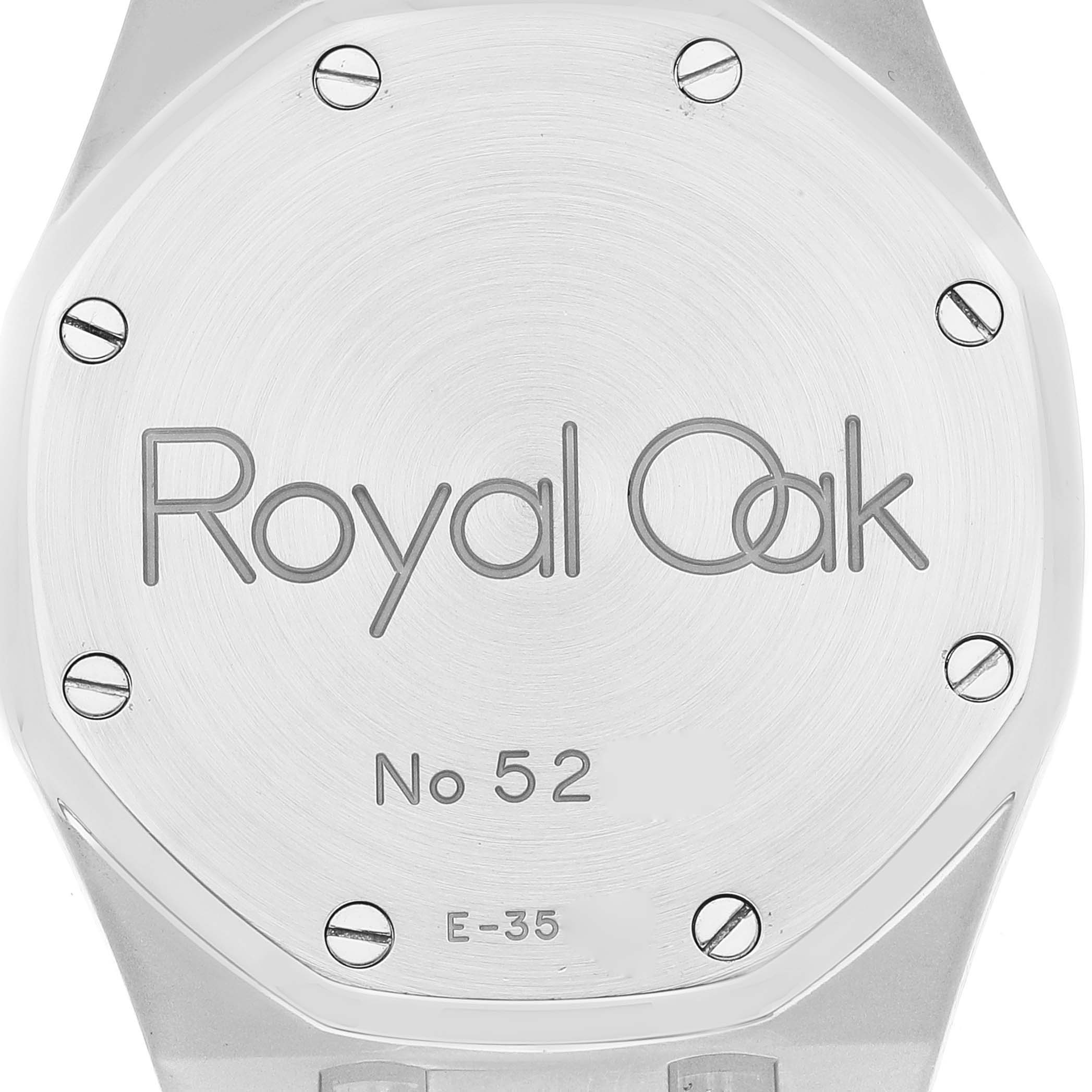 The image shows the back case of an Audemars Piguet Royal Oak 14790ST Men's Stainless Steel Silver Dial 14790ST Men's Stainless Steel Silver Dial watch, featuring its name and model number.