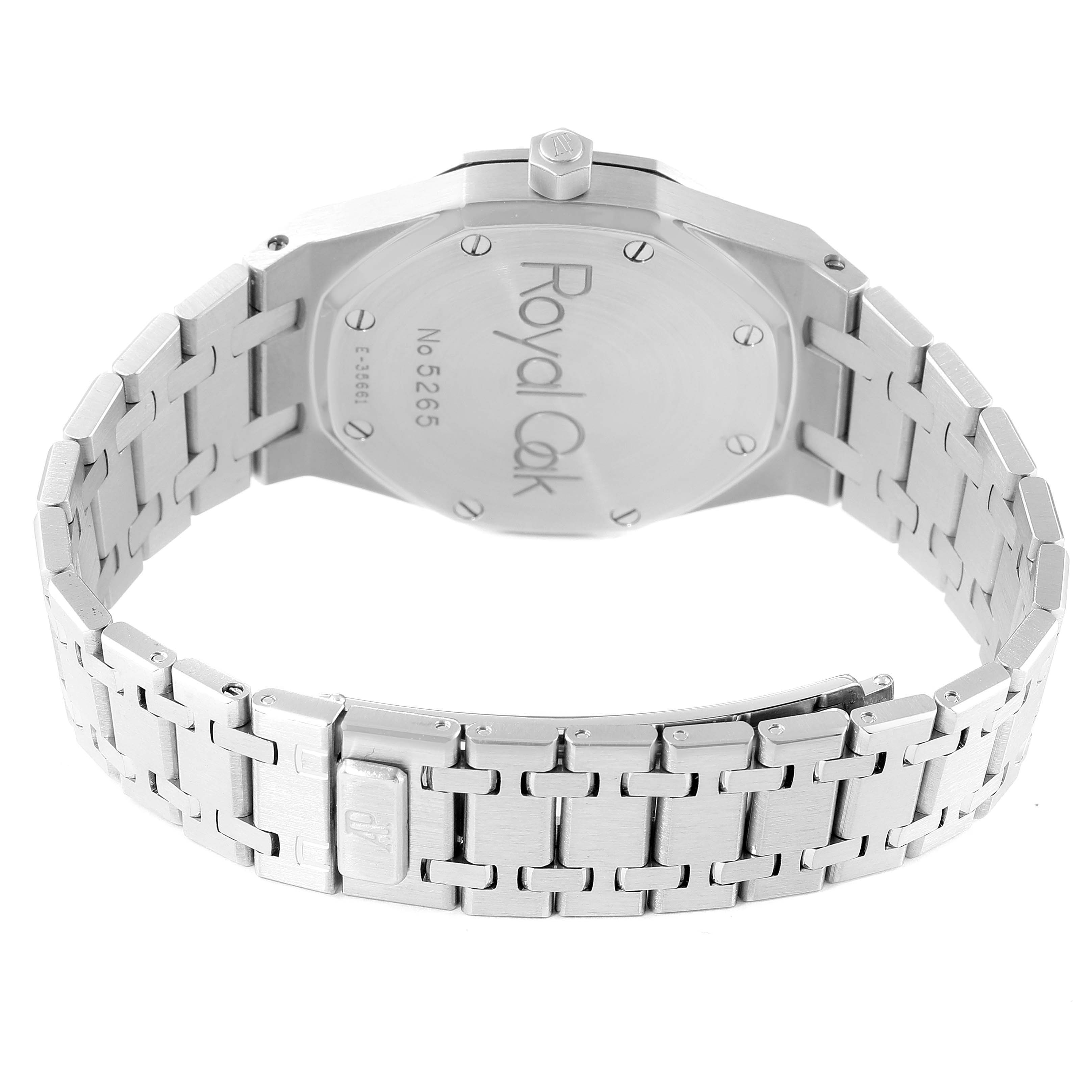 The image shows the back view of an Audemars Piguet Royal Oak 14790ST Men's Stainless Steel Silver Dial 14790ST Men's Stainless Steel Silver Dial watch, highlighting its case back and bracelet.