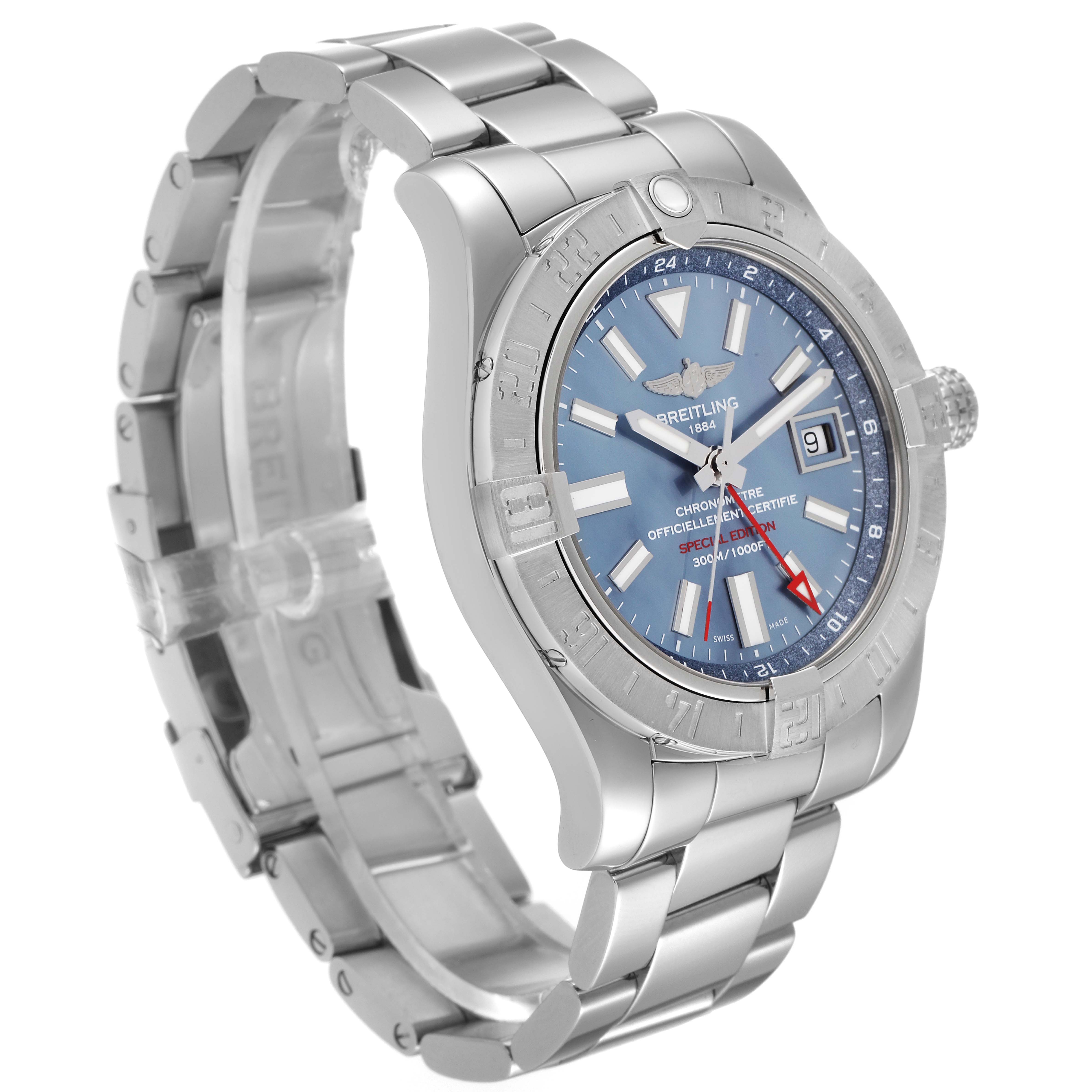The Breitling Avenger A3239011/C930 Men's Stainless Steel Mother of Pearl Dial A3239011/C930 Men's Stainless Steel Mother of Pearl Dial watch is shown at an angled view, highlighting the face, bezel, bracelet, and deployment clasp.