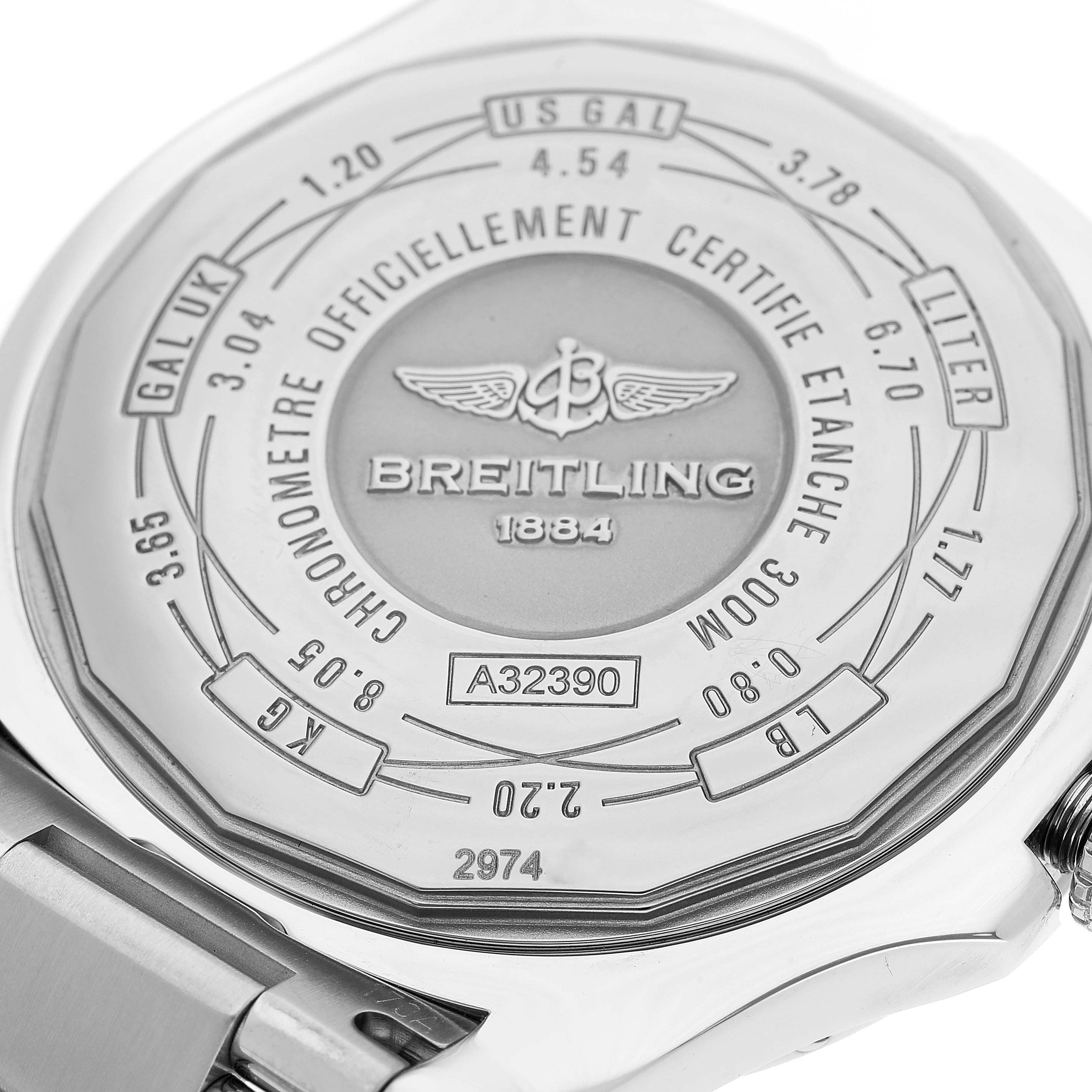 The image shows the back of a Breitling Avenger A3239011/C930 Men's Stainless Steel Mother of Pearl Dial A3239011/C930 Men's Stainless Steel Mother of Pearl Dial watch, highlighting its engravings and serial number.