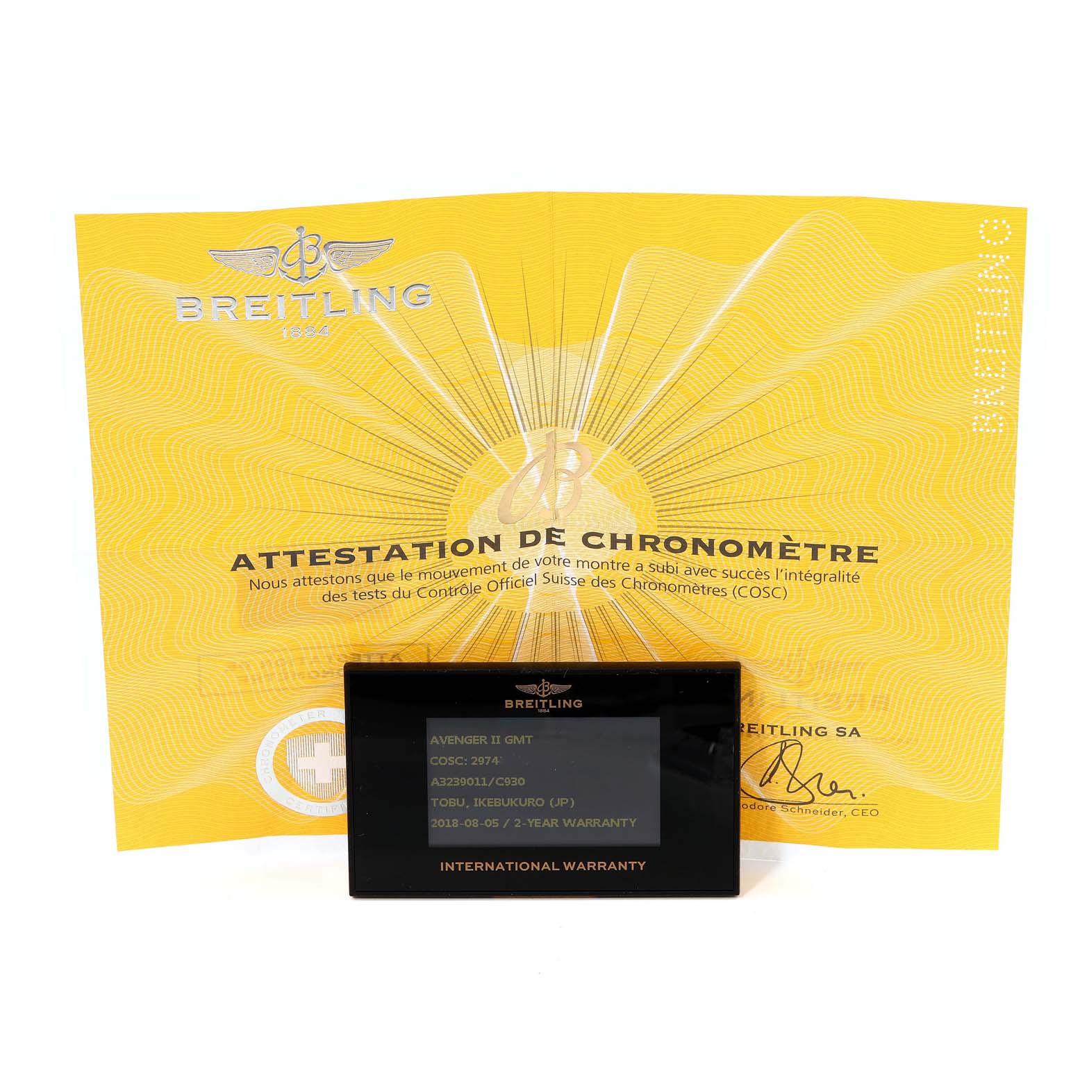 The image shows a Breitling Avenger A3239011/C930 Men's Stainless Steel Mother of Pearl Dial A3239011/C930 Men's Stainless Steel Mother of Pearl Dial model warranty card and COSC chronometer certificate, both front-facing.